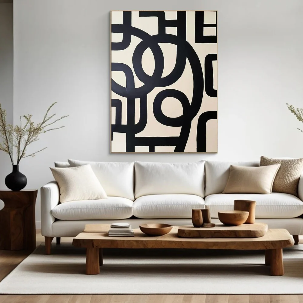 Large Abstract Oil Painting Black and White, Modern Geometric Wall Art for Living Room | ArtvistaGallery #WAB-031
