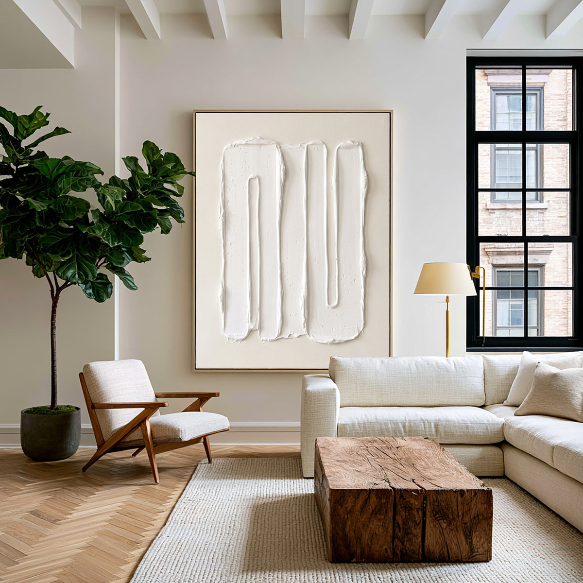 Large Minimalist Raised Vertical Lines Wall Art Ivory Cream Abstract Oil Painting Thick Impasto Texture Sculptural Relief Contemporary Modern Home Decor
