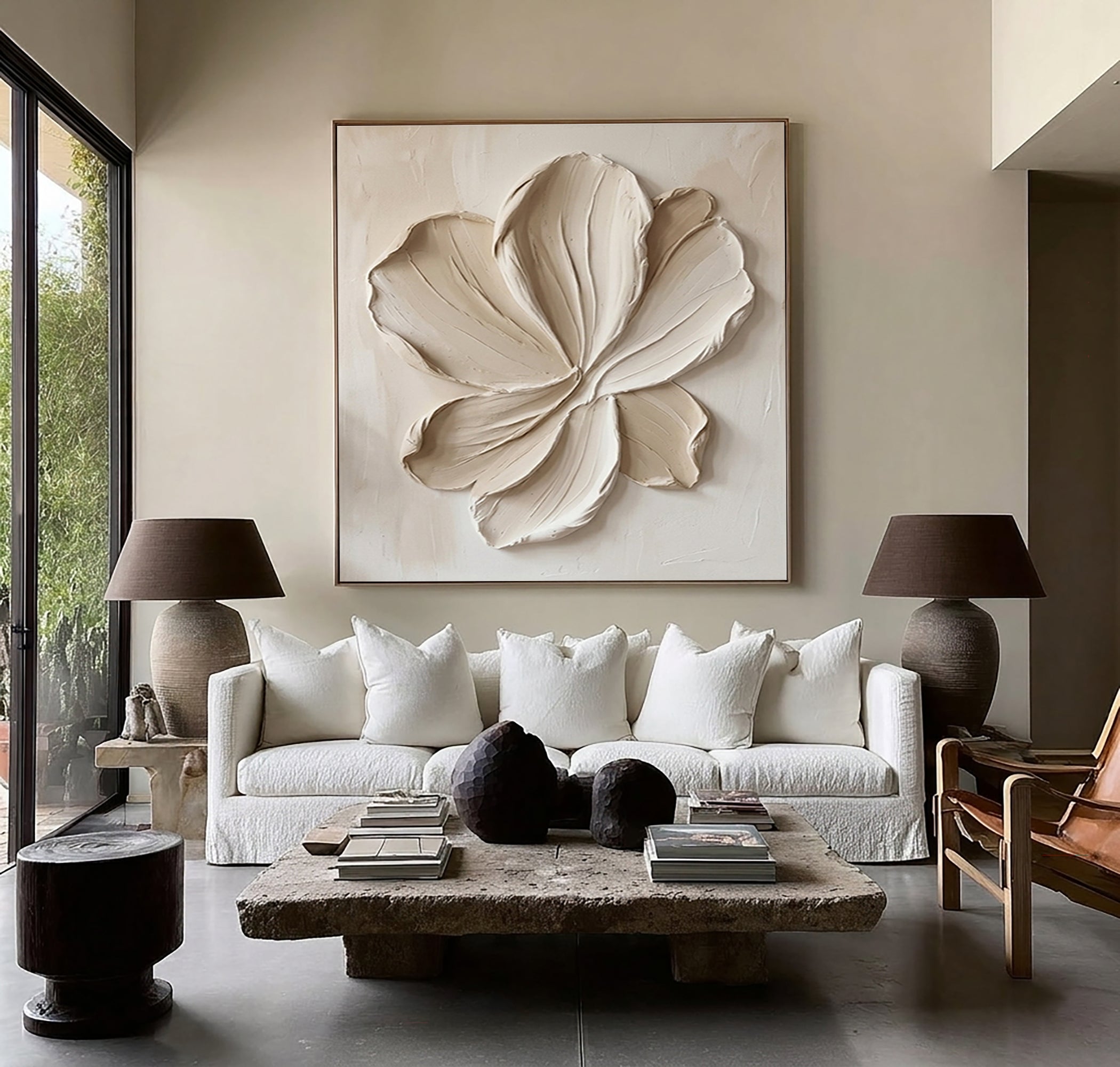 Large Botanical Relief Wall Art Contemporary Neutral Floral Canvas Painting