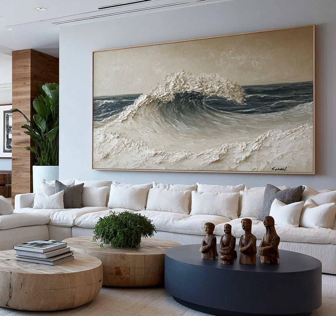 Large Powerful Ocean Wave Wall Art Textured Seascape Oil Painting Dramatic Coastal Artwork Modern Interior Decor