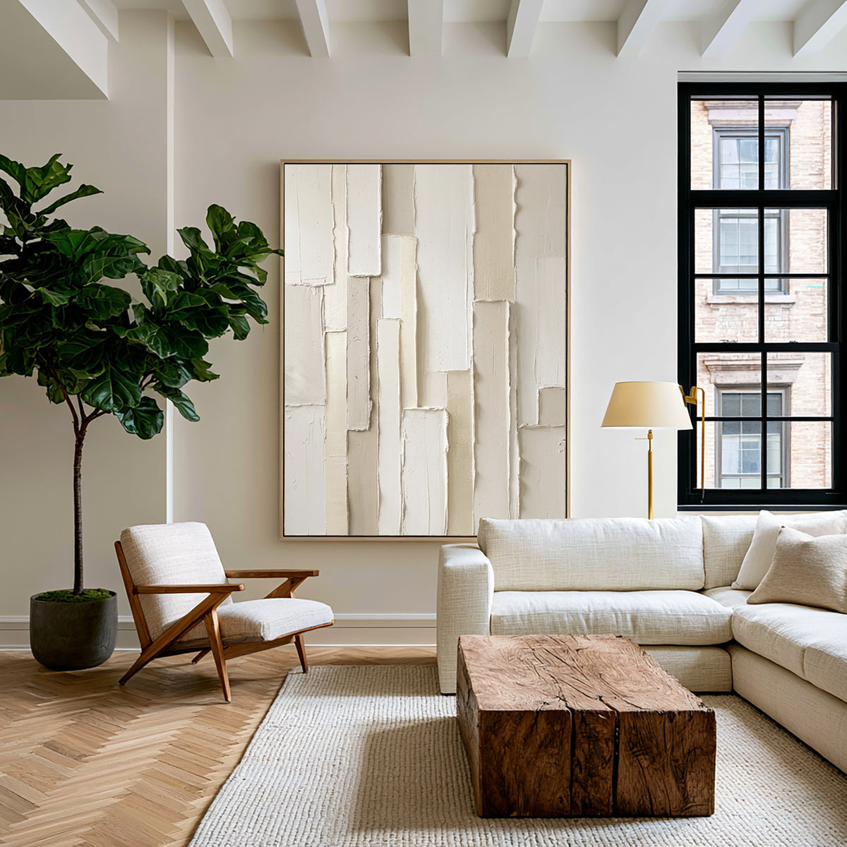 Large Modern Vertical Geometric Textured Wall Art White Beige Abstract Oil Painting 3D Raised Rectangular Relief Contemporary Home Decor
