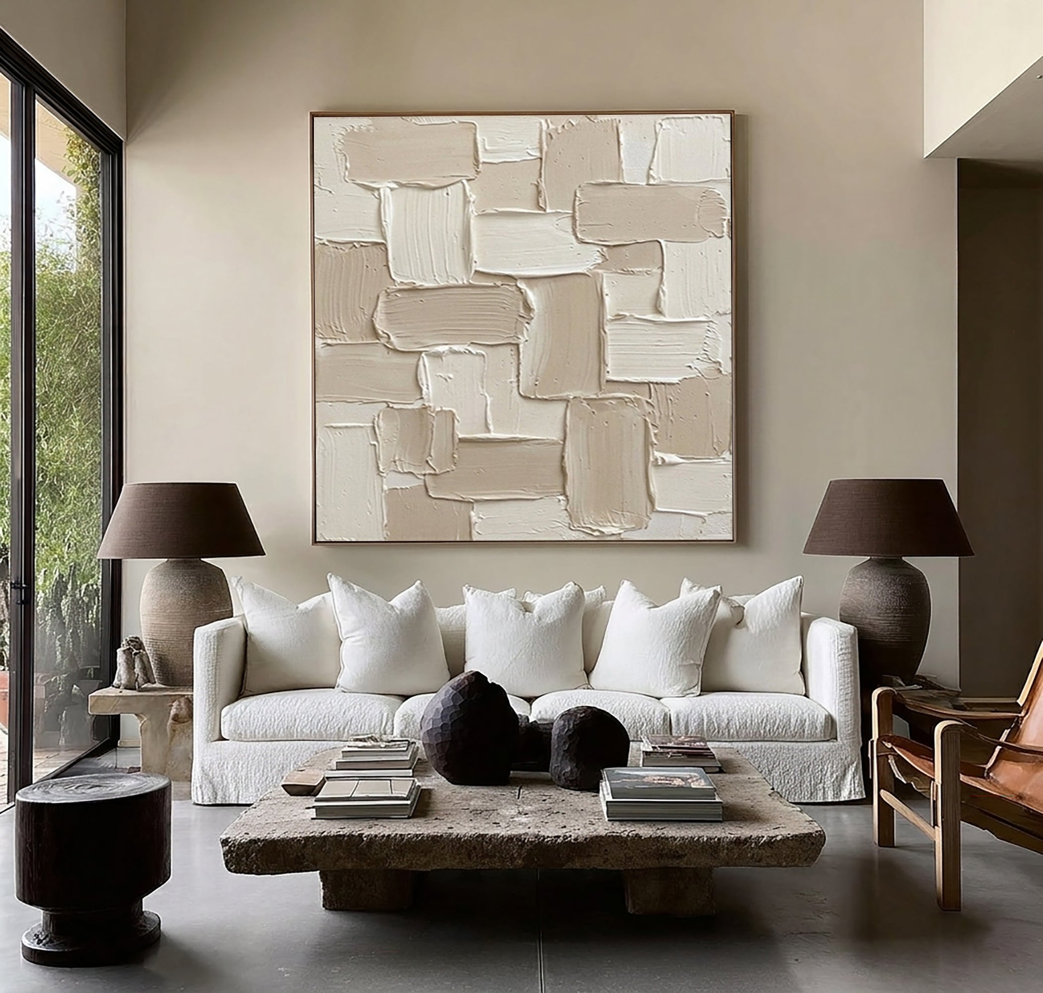 Large Geometric Patch Relief Wall Art Contemporary Neutral Textured Canvas Painting
