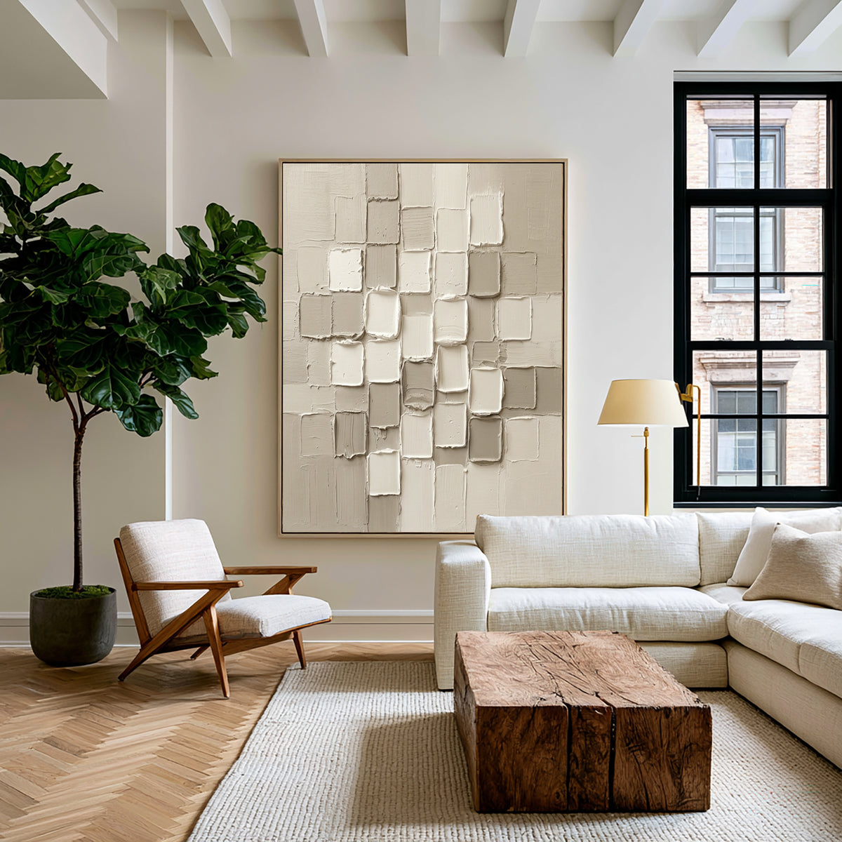 Large White Sculptural Relief Wall Art Modern 3D Textured Abstract Oil Painting Raised Geometric Blocks Minimalist Luxury Interior Decor