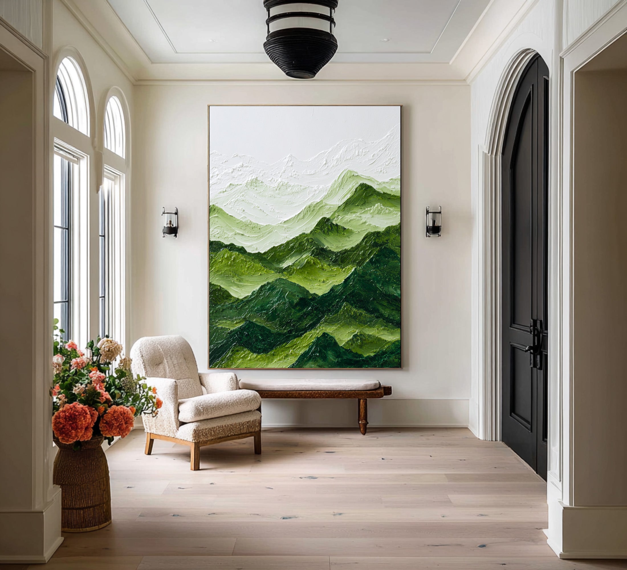 Large Abstract Oil Painting Green Mountain Landscape, Textured Modern Wall Art for Living Room | ArtvistaGallery #WAB 005