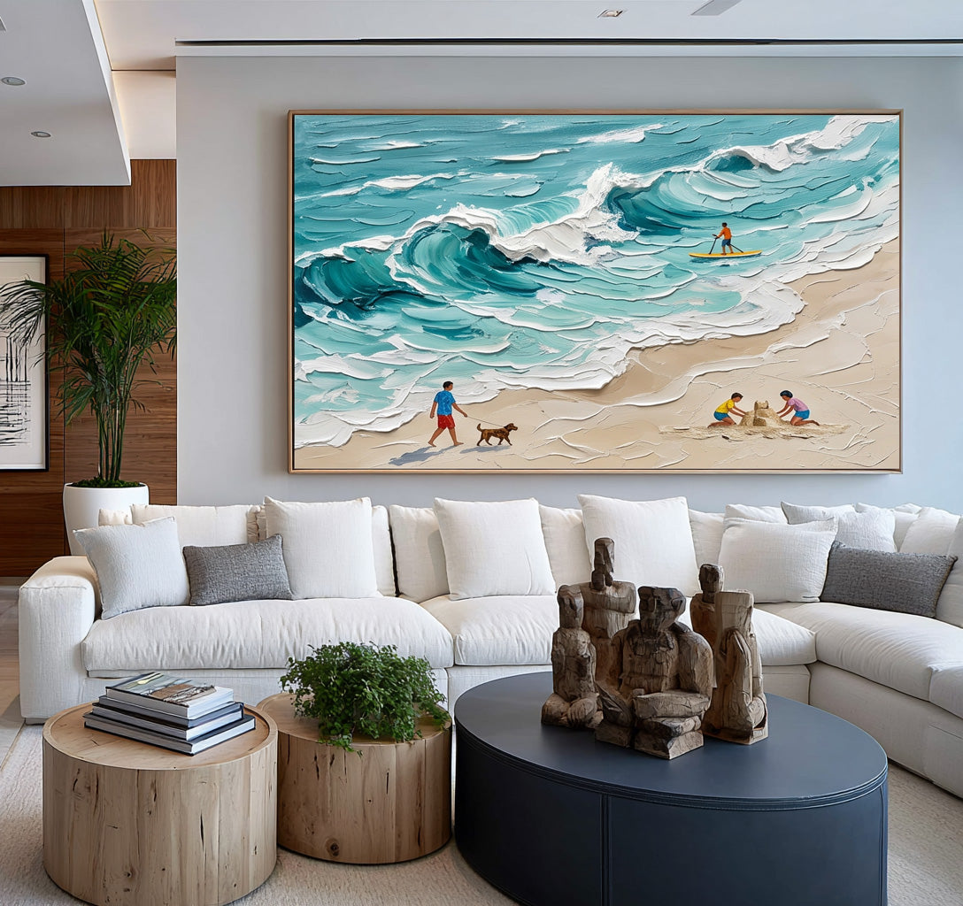Large Textured Oil Painting Turquoise Ocean Waves Beach Family Coastal Wall Art