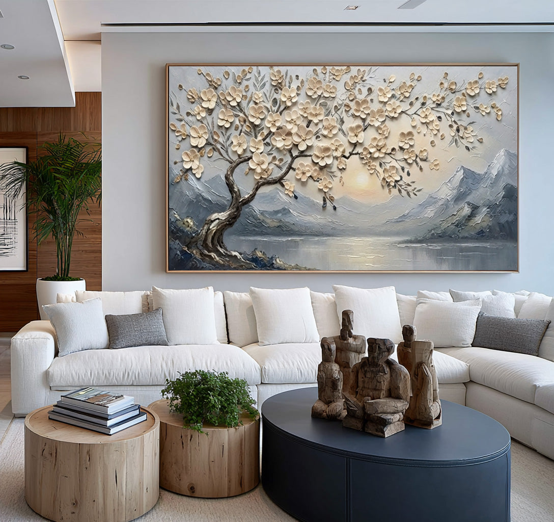 Large Textured Blossom Tree Painting Mountain Lake Floral Wall Art