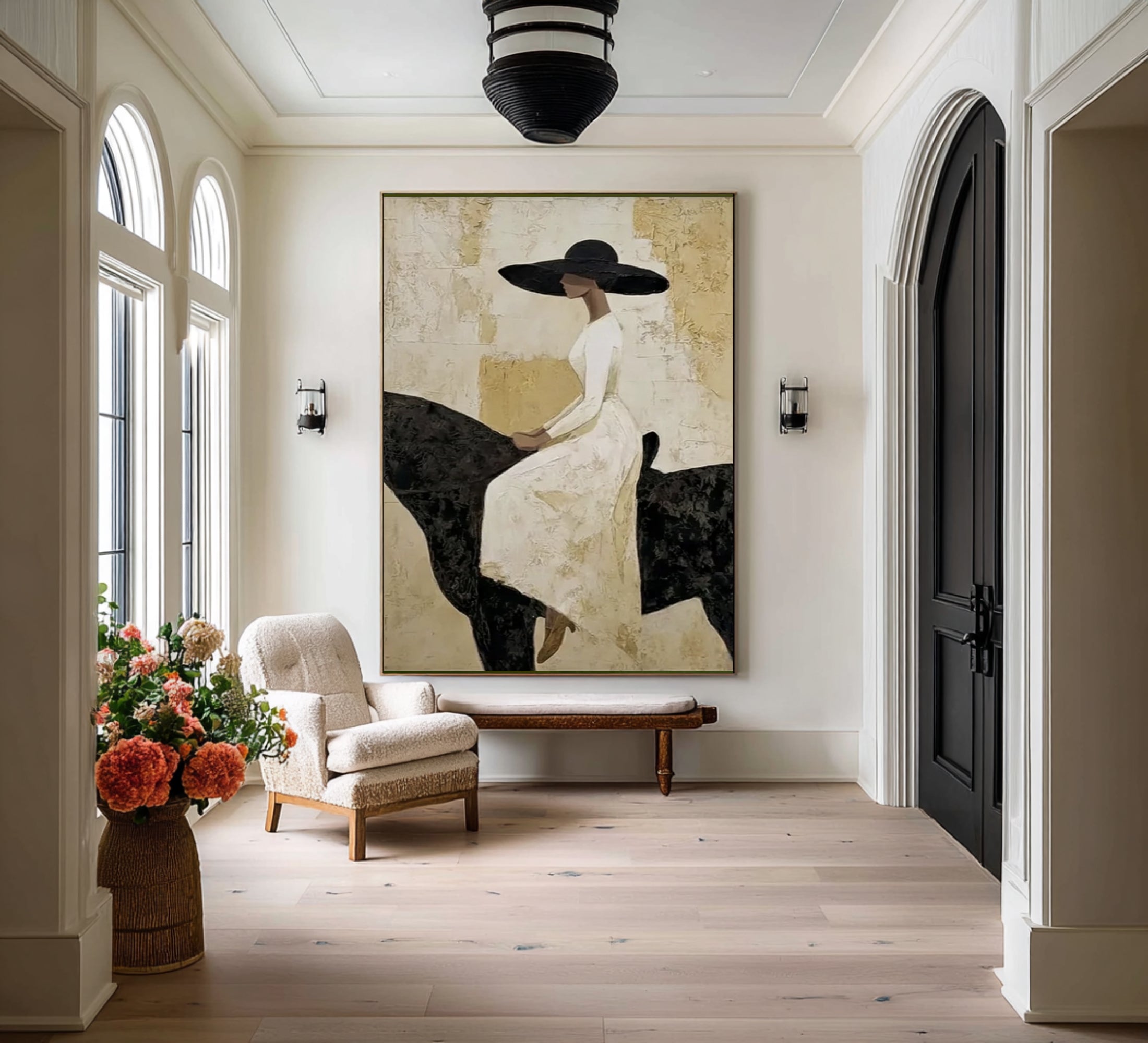 Luxury Woman on Black Horse Painting Elegant Neutral Wall Art