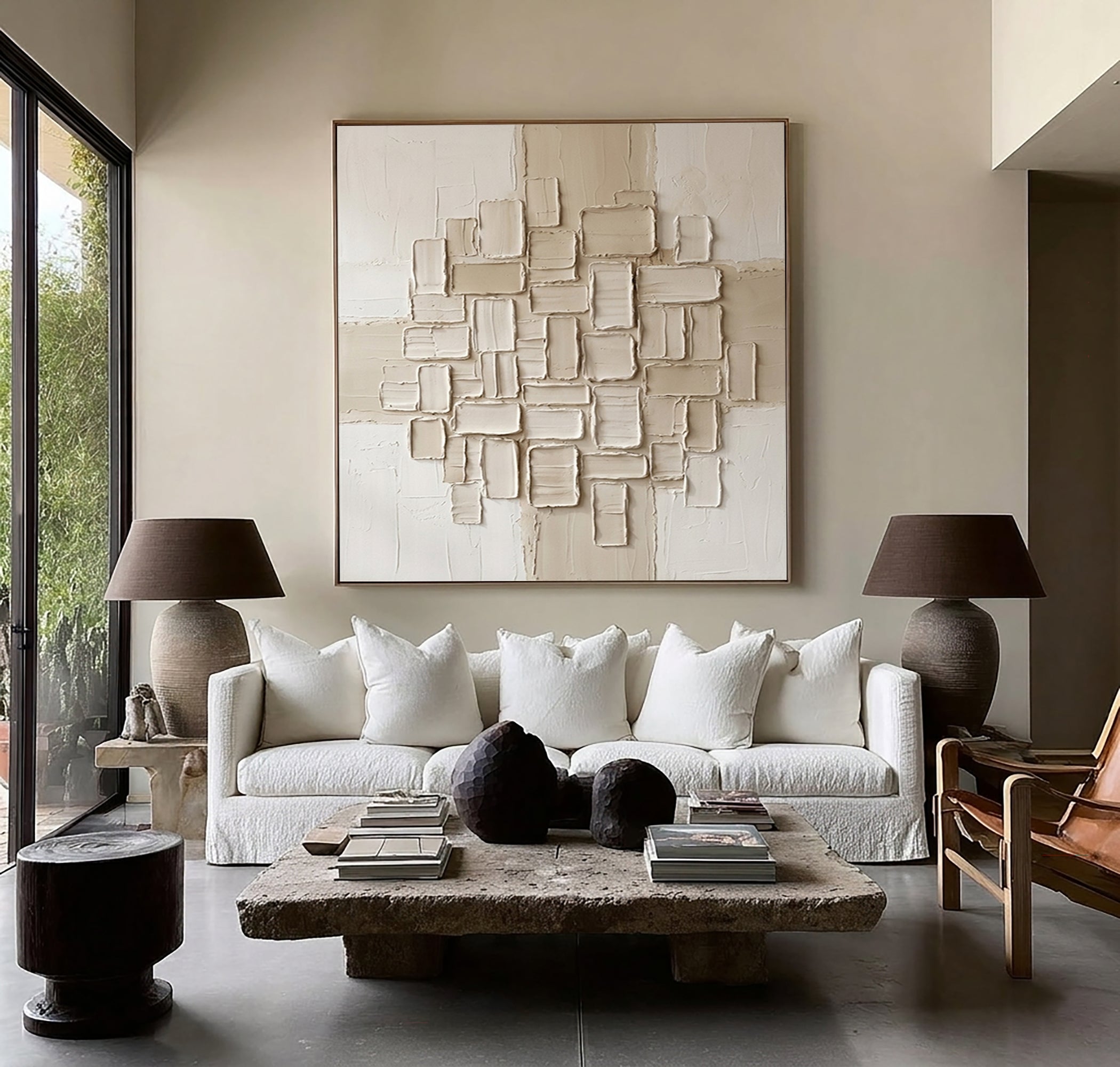 Large Cubic Relief Wall Art Contemporary Neutral Sculptural Texture Canvas Painting