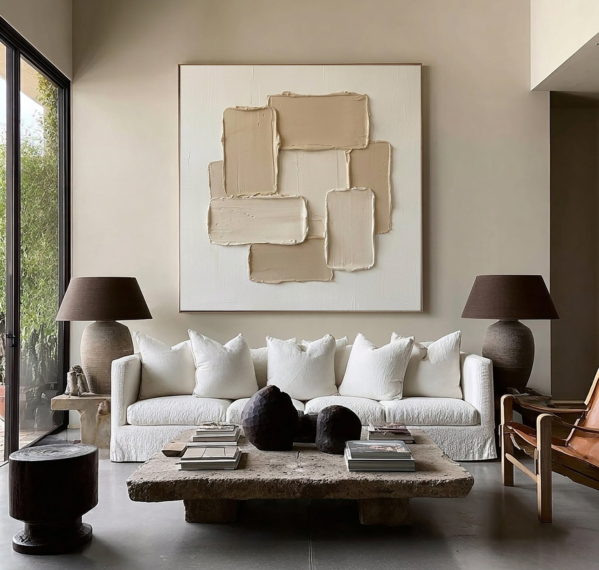 Large Neutral Geometric Oil Painting with Heavy Texture for Modern Wall Decor