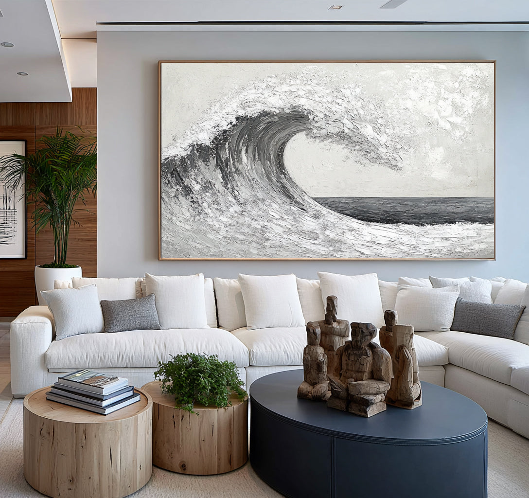 Textured Abstract Wave Monochrome Ocean Artwork Handmade Seascape Black White Gray Coastal Wall Art