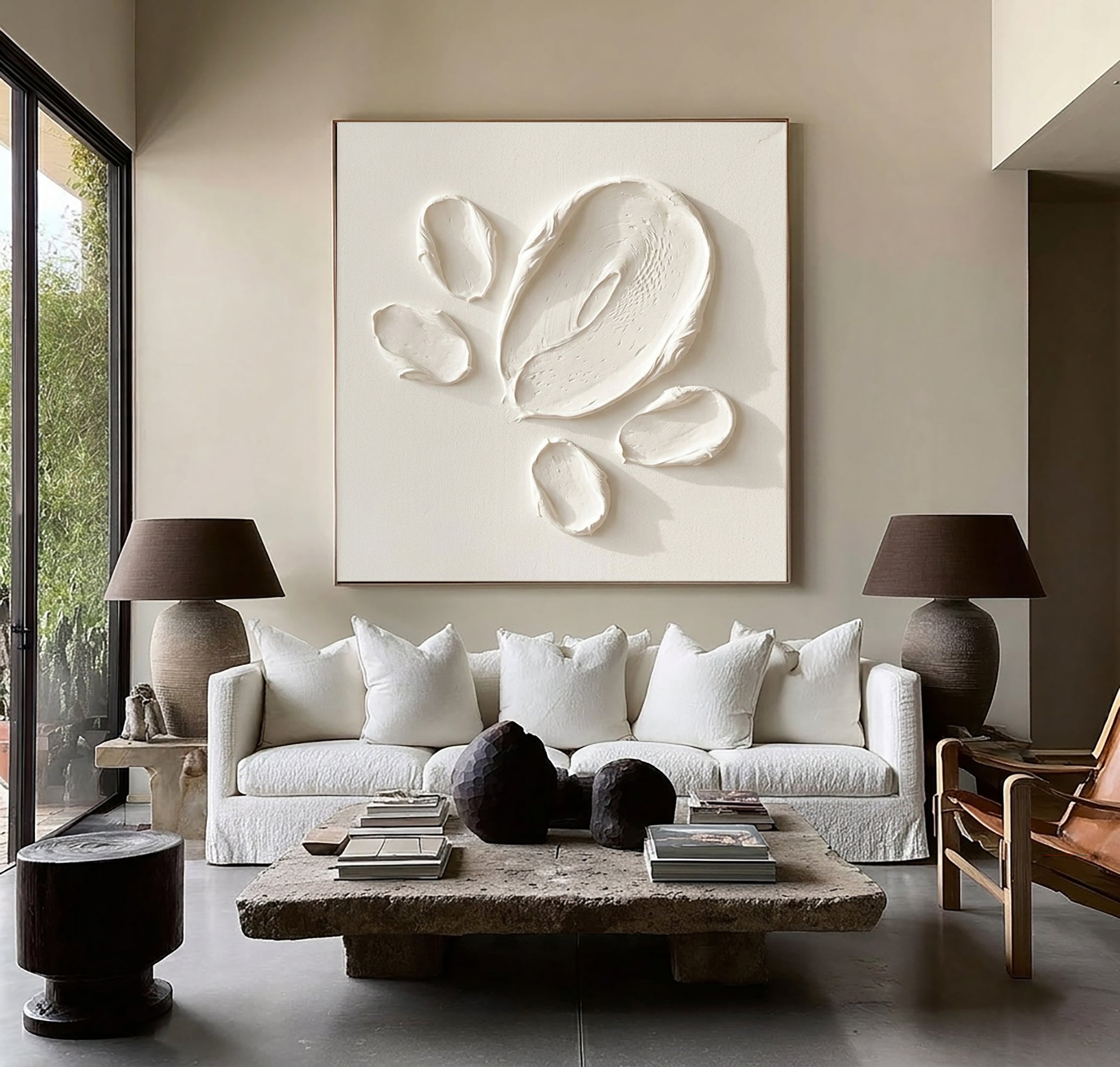 Large Minimalist White Oil Painting with Abstract Textured Petal Wall Art 