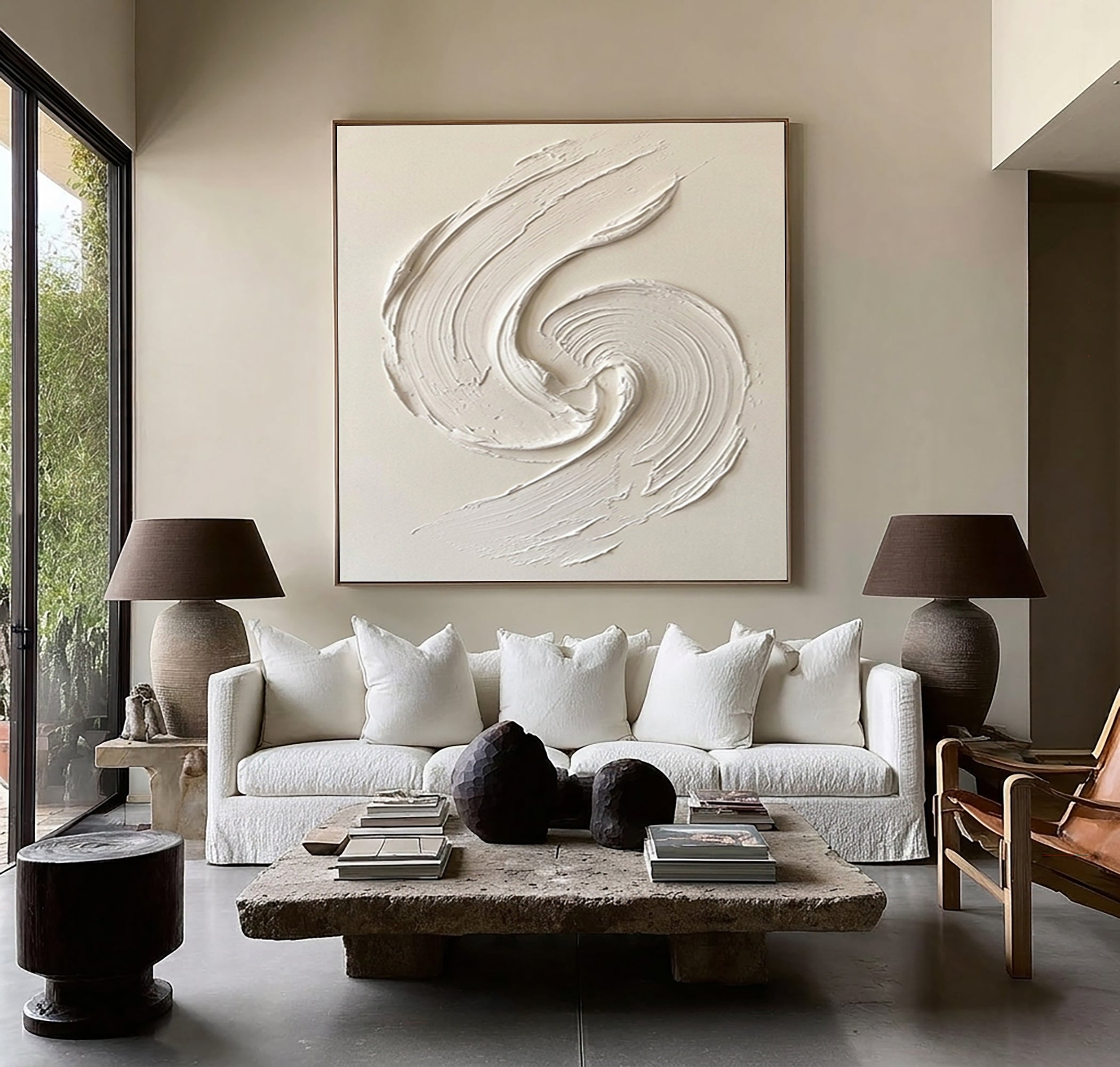 Large White Textured Spiral Wall Art Hand Painted Modern Canvas