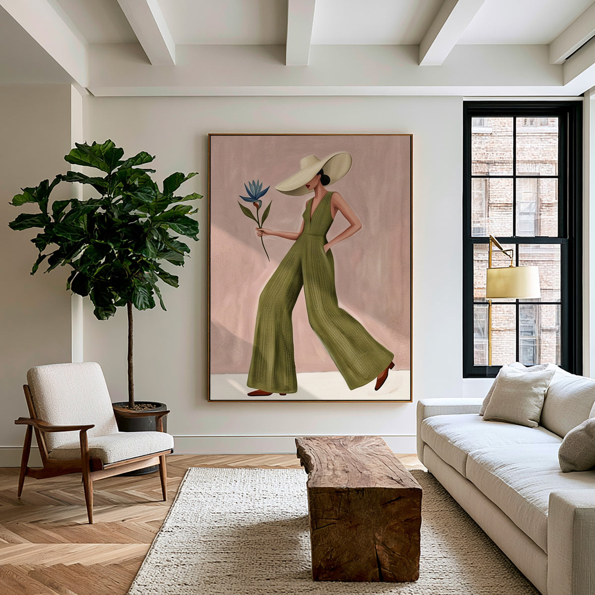Fashion Woman Painting Green Jumpsuit Modern Wall Art