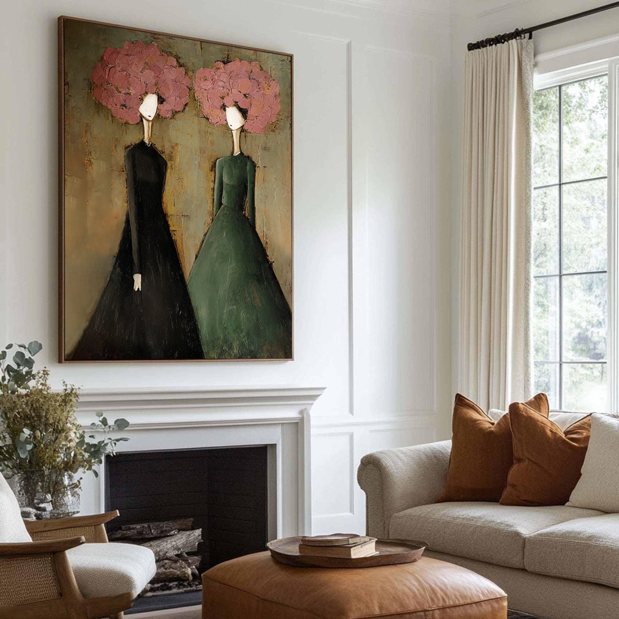 Large Modern Portrait Oil Painting on Canvas – Elegant Green Figurative Wall Art Decor #WAB 037