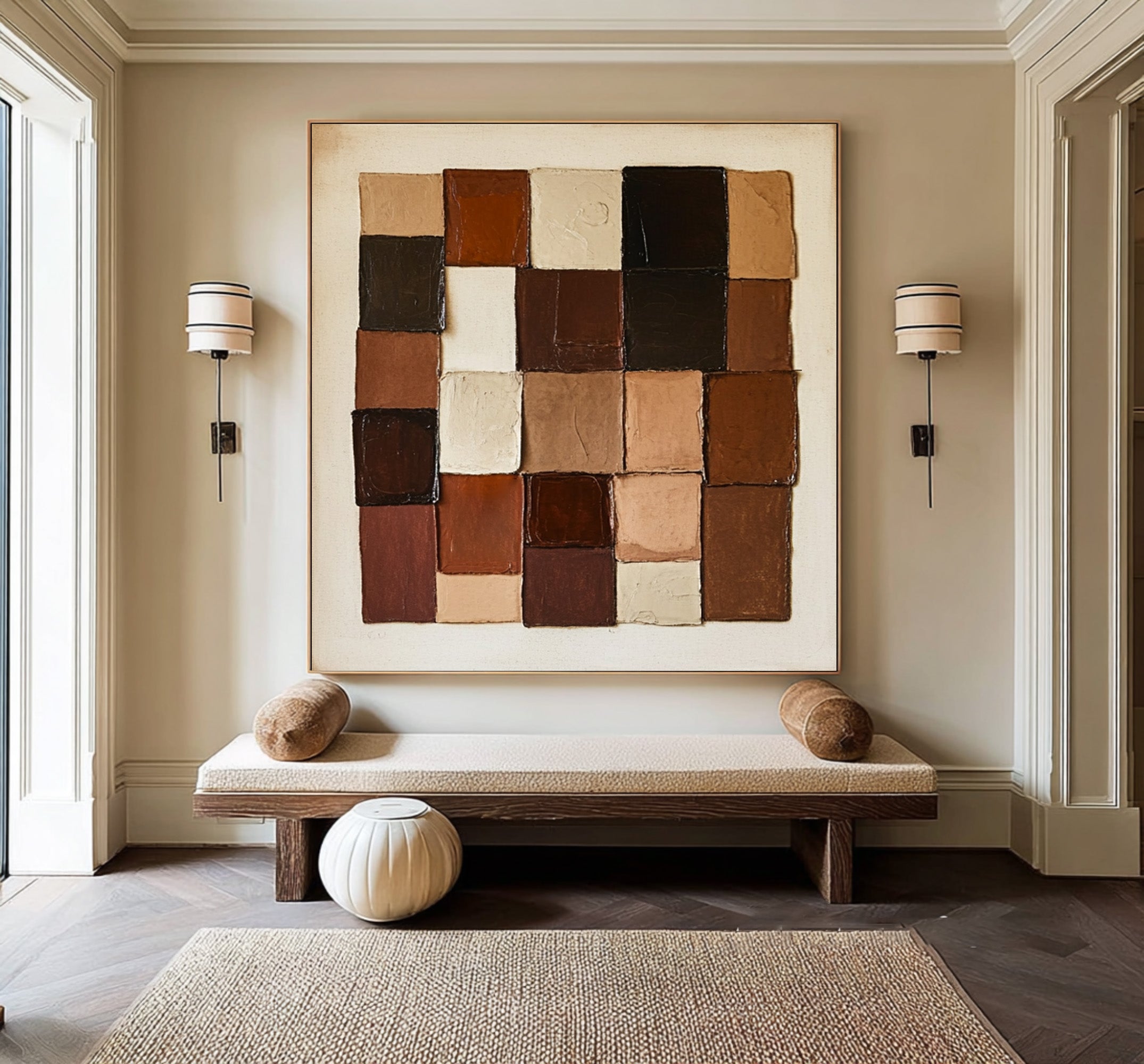 Large Abstract Oil Painting Geometric Blocks, Earth Tone Wall Art for Entryway Decor | ArtvistaGallery #WAB 010