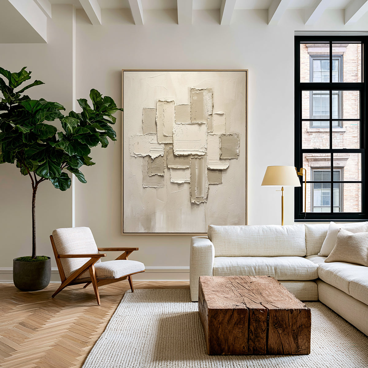 Large Minimalist White Abstract Relief Wall Art Textured Oil Painting 3D Geometric Sculptural Artwork Modern Luxury Living Room Decor