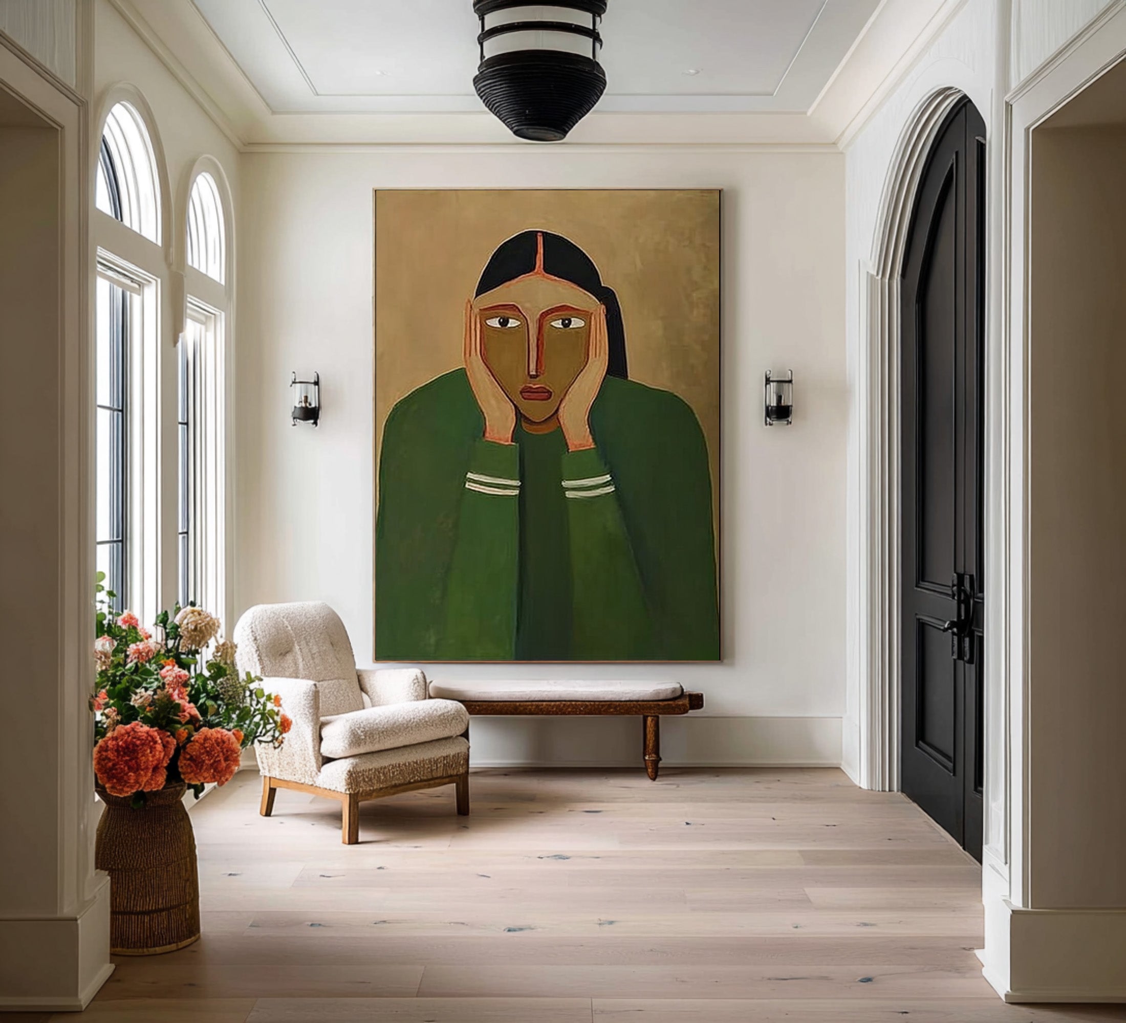Large Abstract Portrait Oil Painting Green Tones, Emotional Modern Wall Art for Living Room #WAB-030