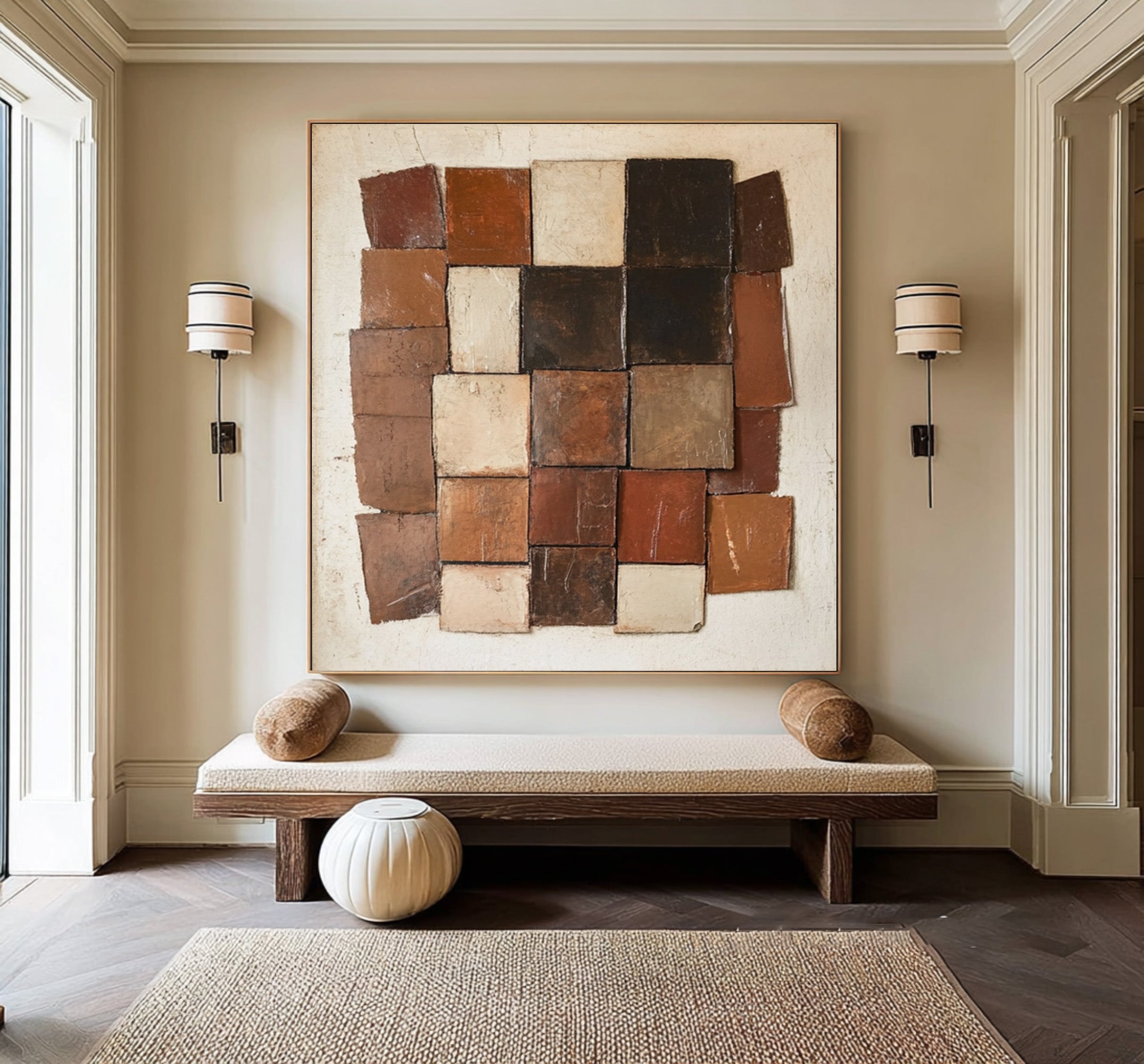 Large Abstract Oil Painting Earth Tone Geometric Art, Textured Modern Wall Art for Living Room | ArtvistaGallery #WAB 007