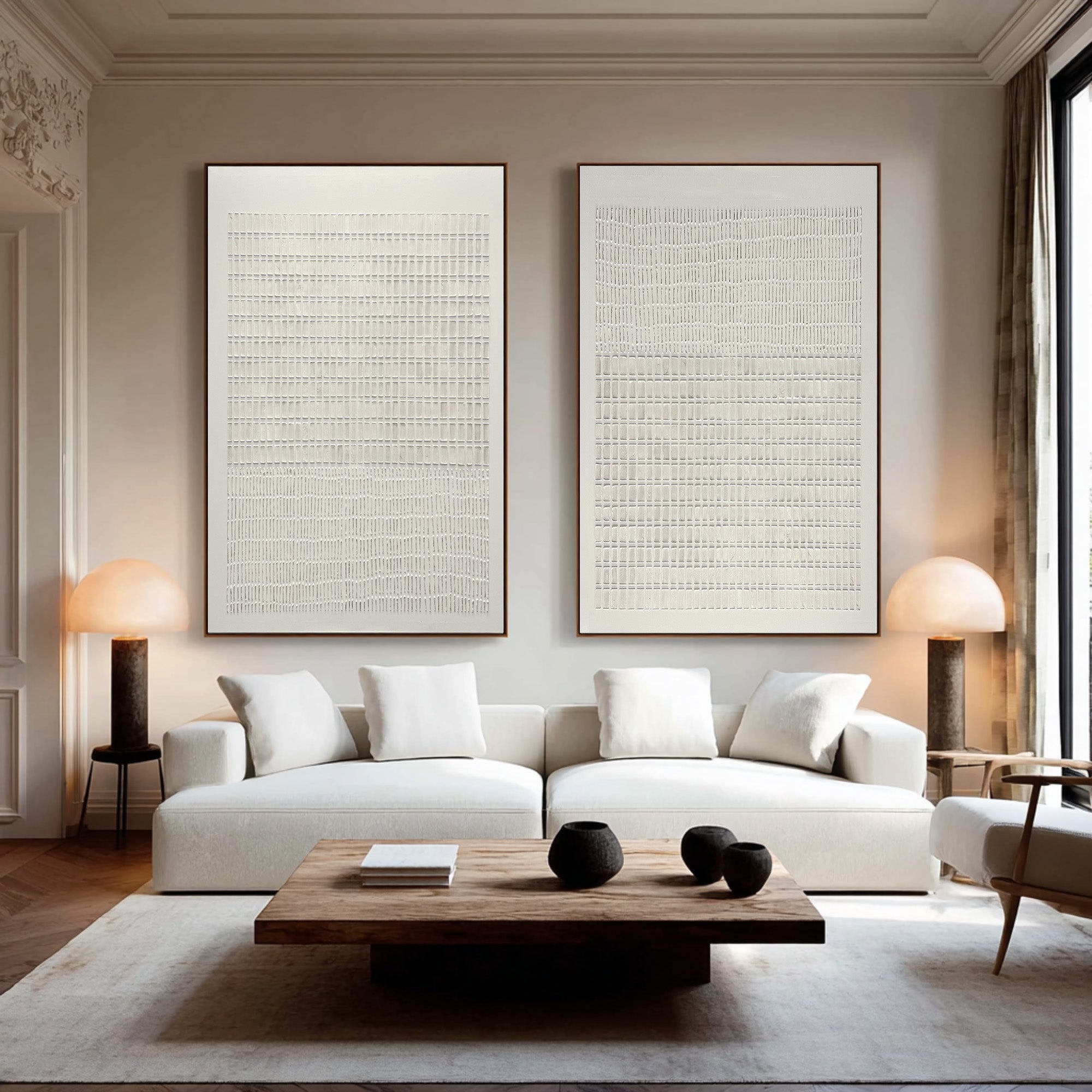 Large Abstract Oil Painting Beige Textured Grid Art Set, Minimal Wall Art for Living Room | ArtvistaGallery #WAB 019 