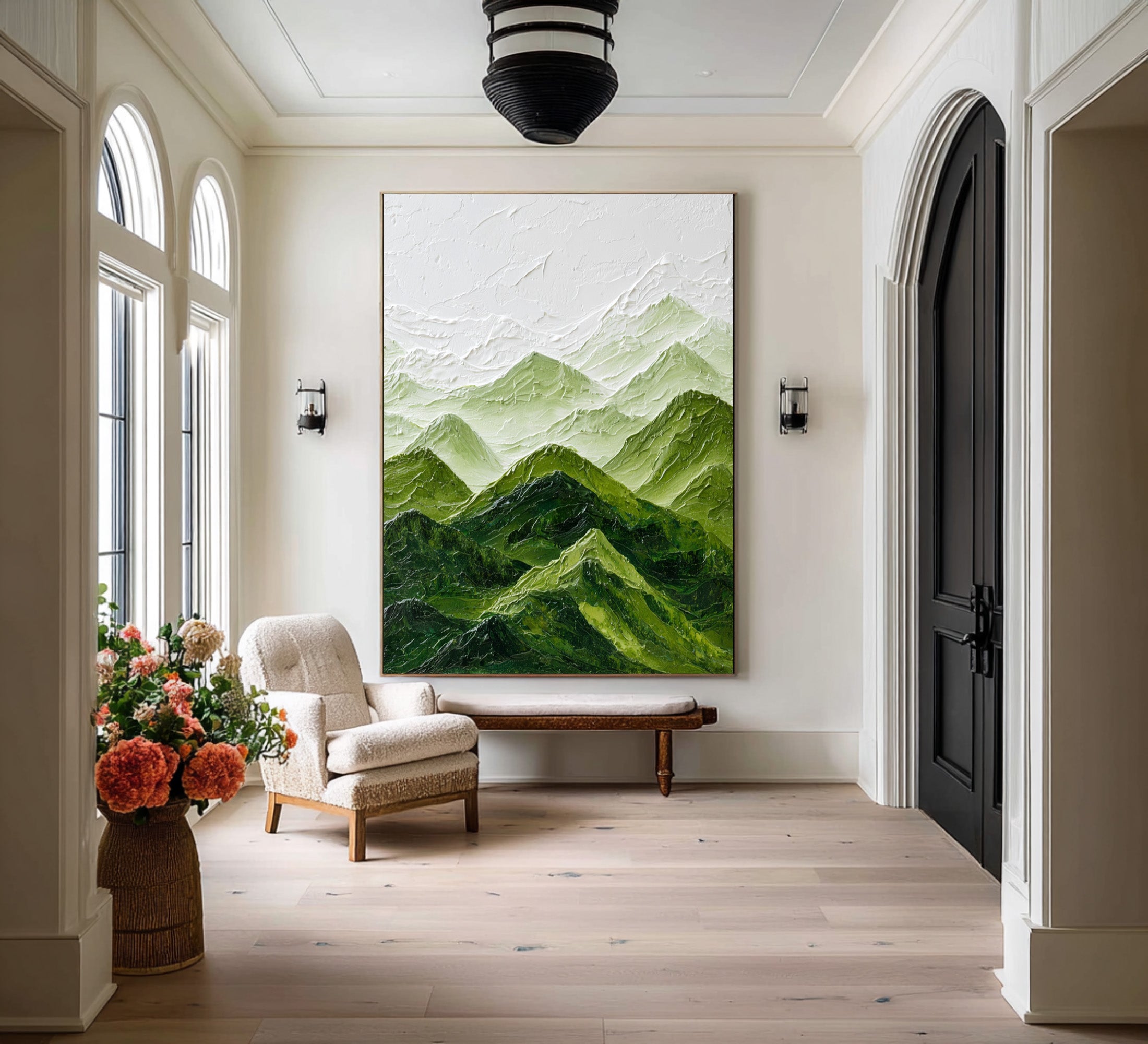 Large Abstract Oil Painting Mountain Landscape, Green Calm Wall Art for Home Decor | ArtvistaGallery #WGA 006