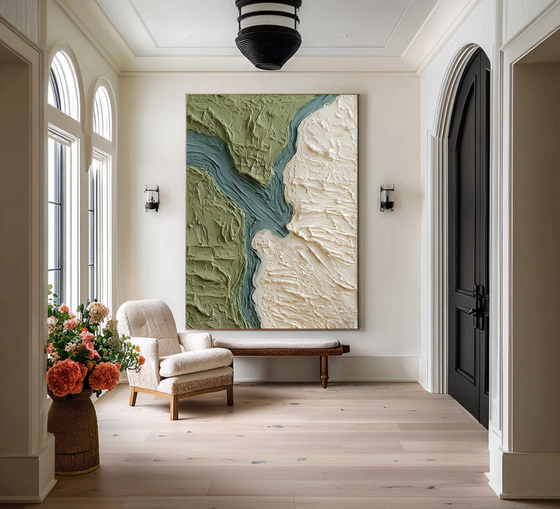 Large Abstract Oil Painting Green Terrain Art, Organic Textured Wall Art for Living Room | ArtvistaGallery #WAB 028