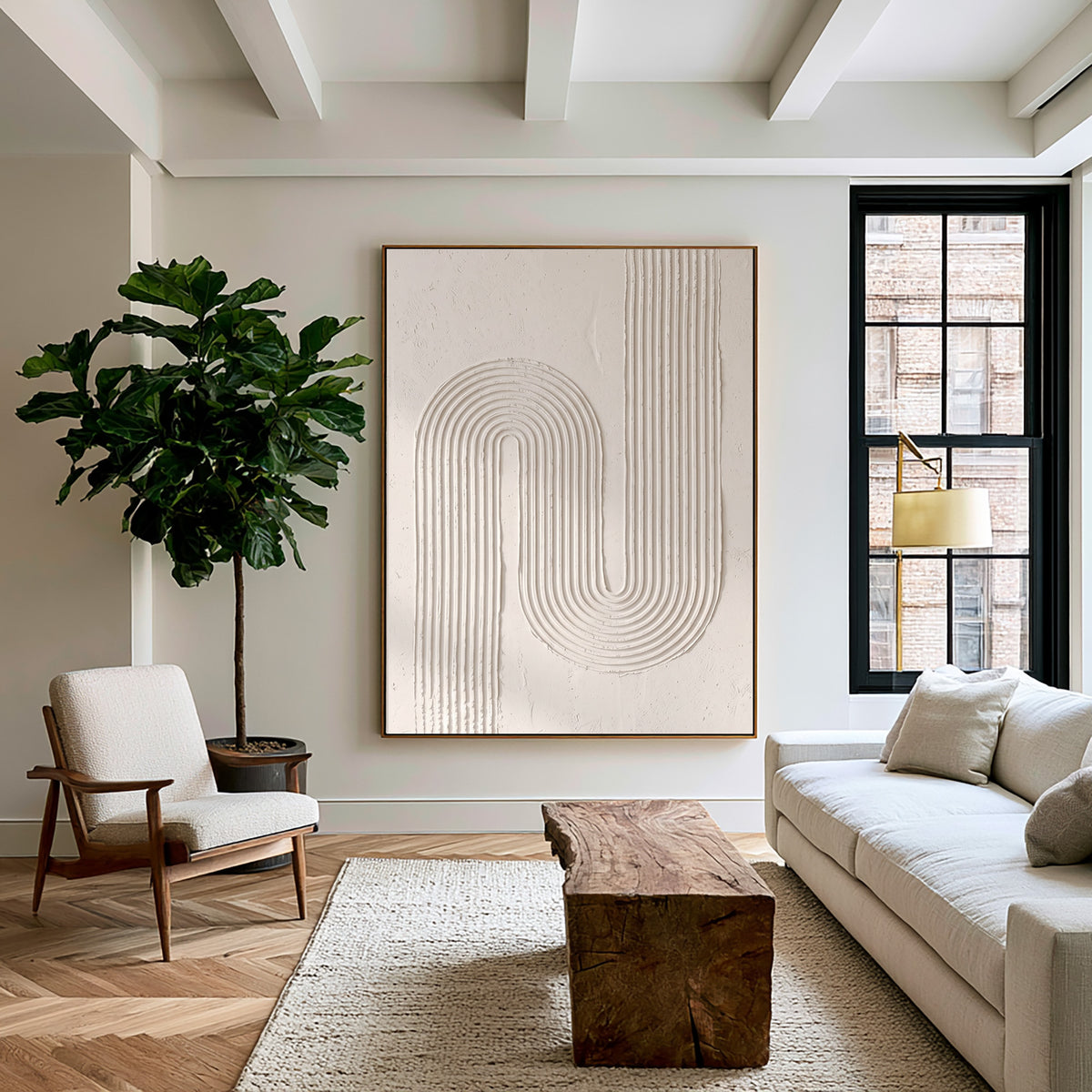 Continuous Lines Sculptural Minimalist Wall Artwork Handmade Textured Abstract Painting Neutral Modern Decor