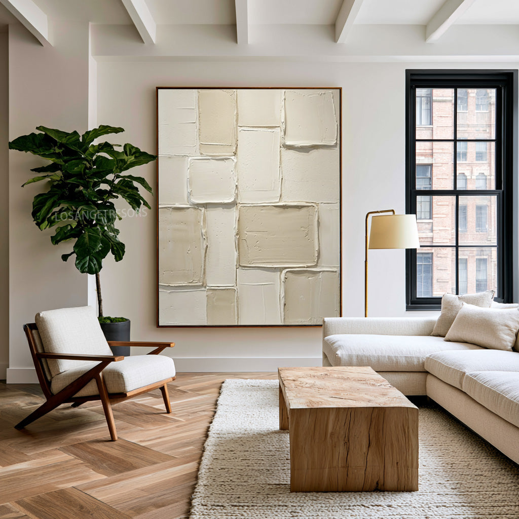 Large Architectural Minimalist Relief Wall Art Ivory Geometric Textured Abstract Painting Luxury Interior Artwork