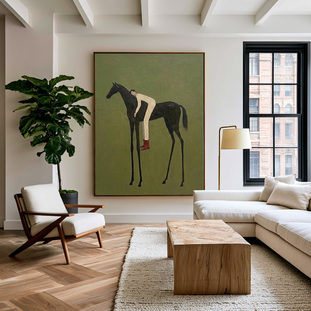 Large Olive Green Equestrian Wall Art Horse Rider Oil Painting Cowboy Cowgirl Inspired Western Americana Artwork Modern Home Decor