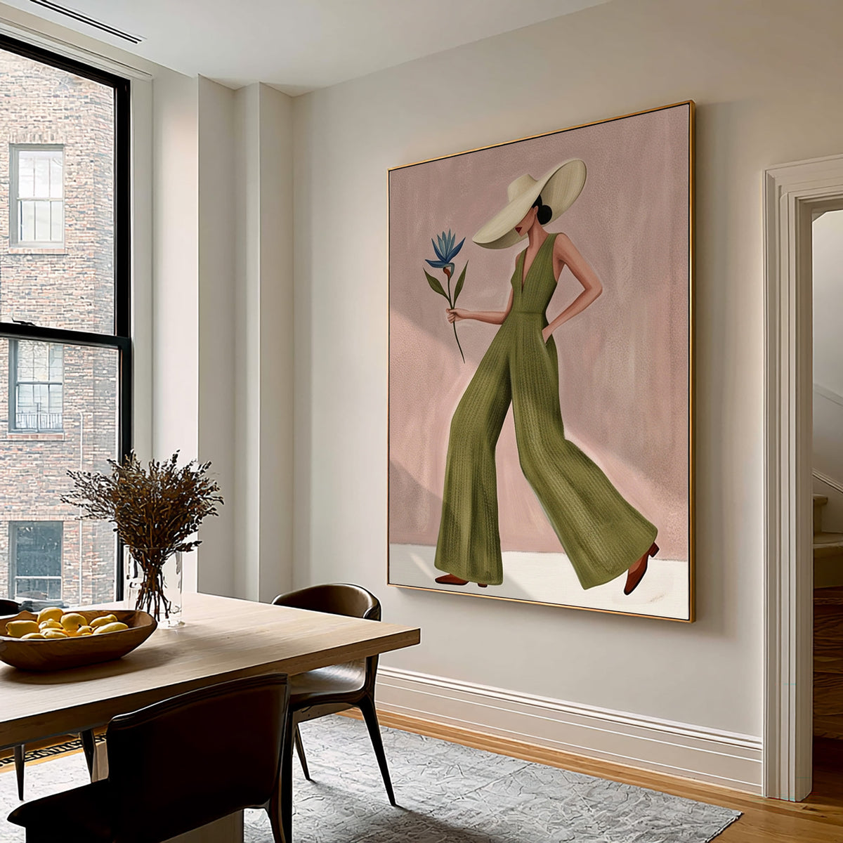 Fashion Woman Painting Green Jumpsuit Modern Wall Art
