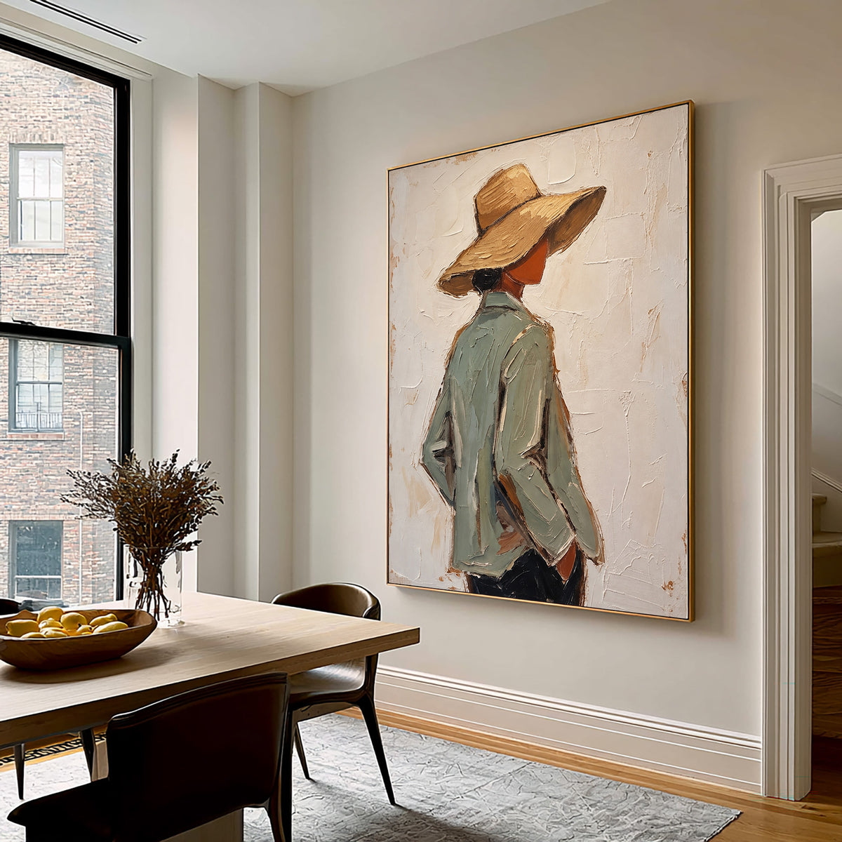 Textured Woman Portrait Sage Green Jacket Straw Hat Painting