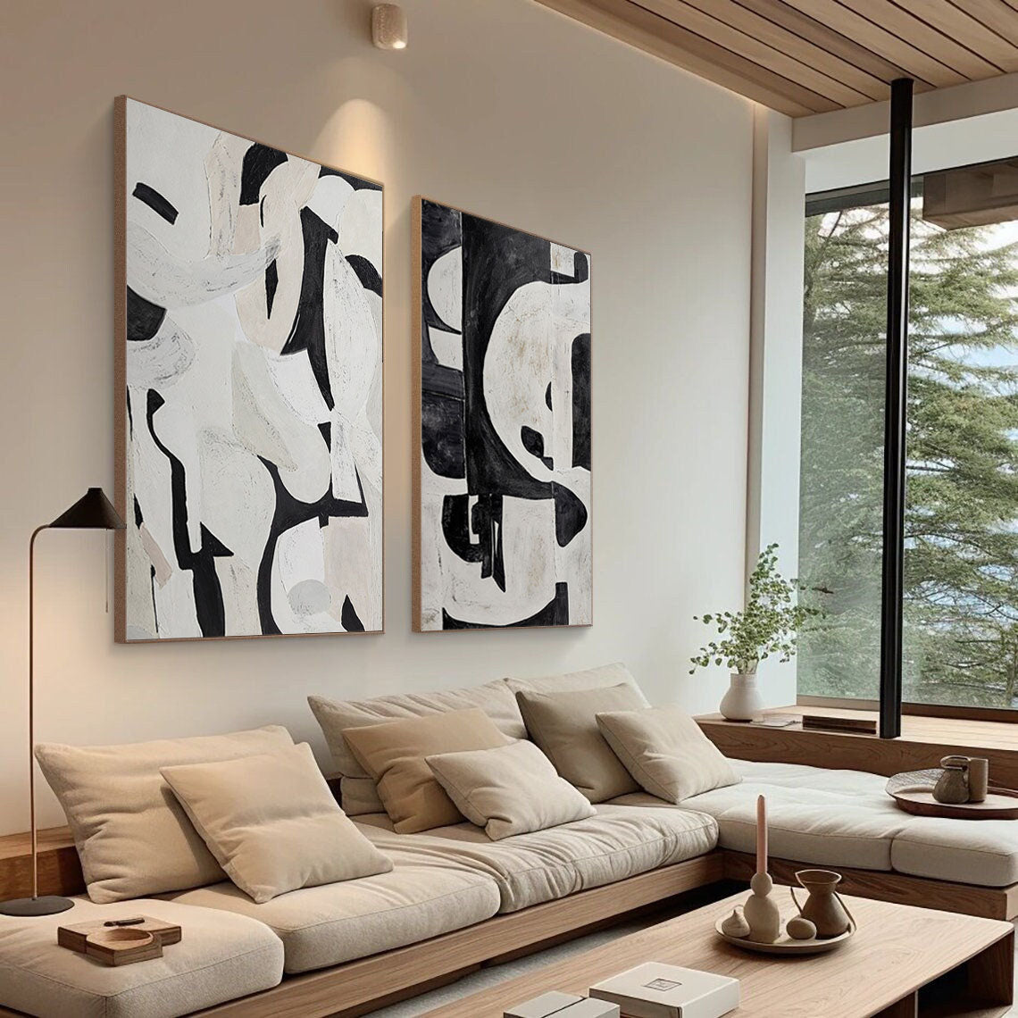Black & White Abstract  Painting  SET OF 2 #LL 009