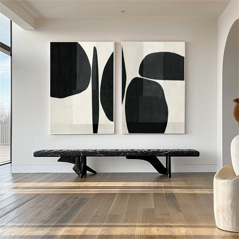 Abstract Geometric Canvas Art Black and White Painting Set of 2 #BWS 001