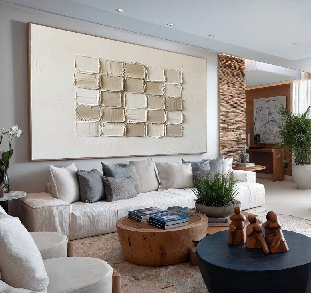 Large Neutral Brick Texture Wall Art Horizontal Hand Painted Canvas 
