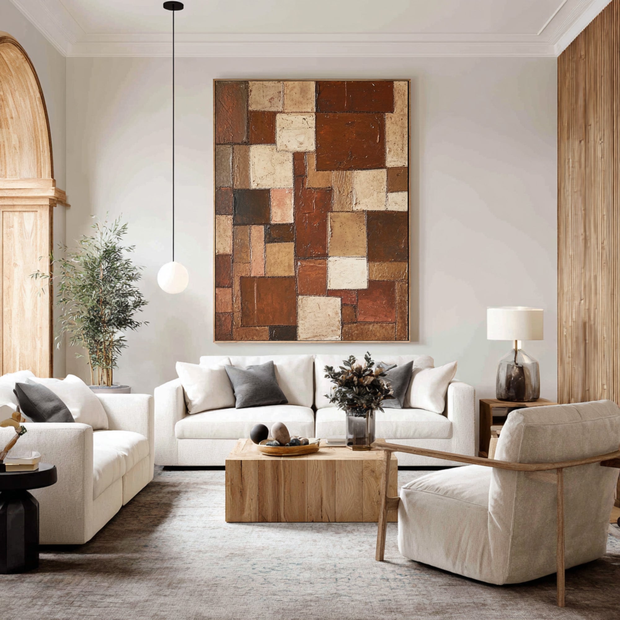 Large Abstract Oil Painting, Earth Tone Geometric Wall Art, Vertical Modern Entryway Decor | ArtvistaGallery #WAB 003