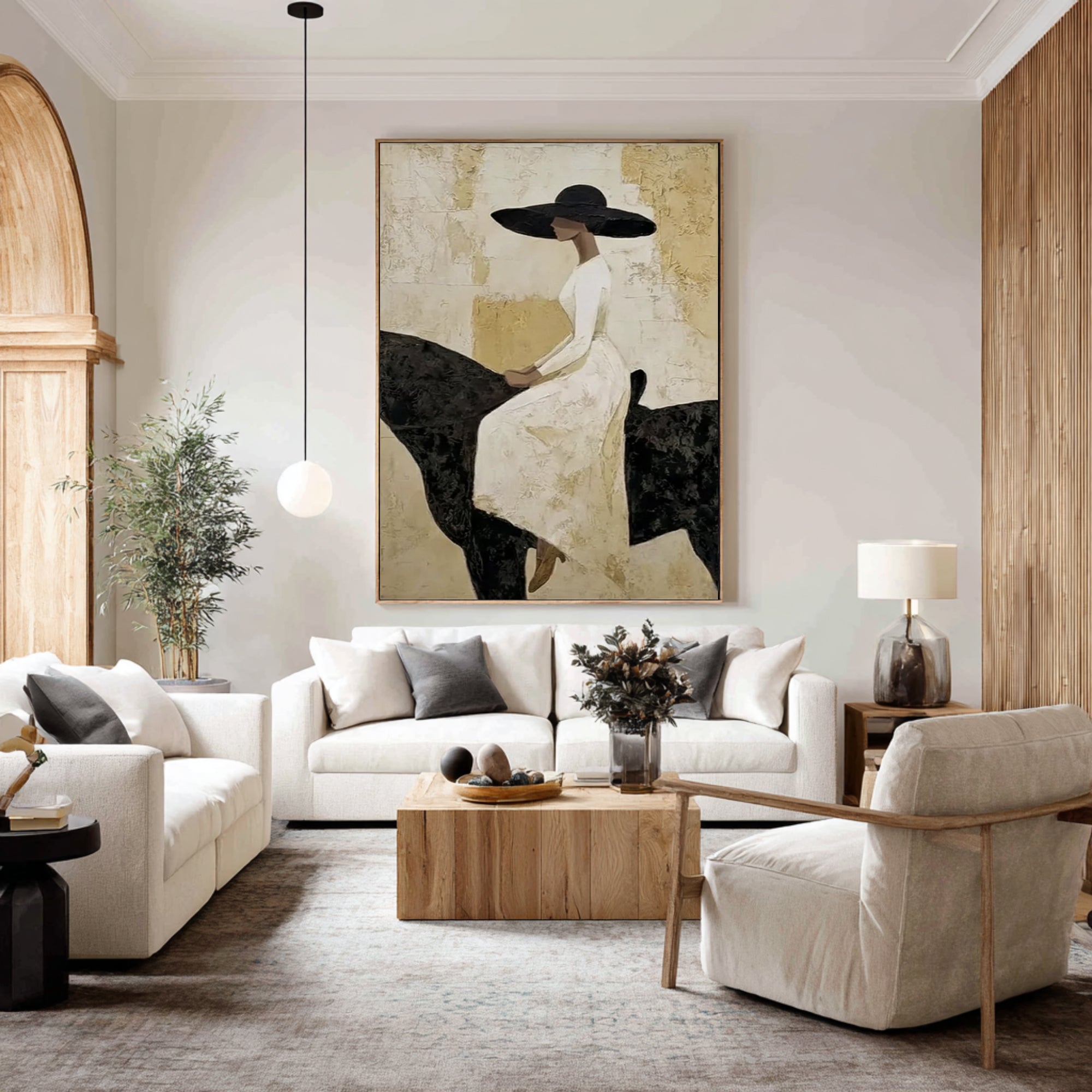 Luxury Woman on Black Horse Painting Elegant Neutral Wall Art