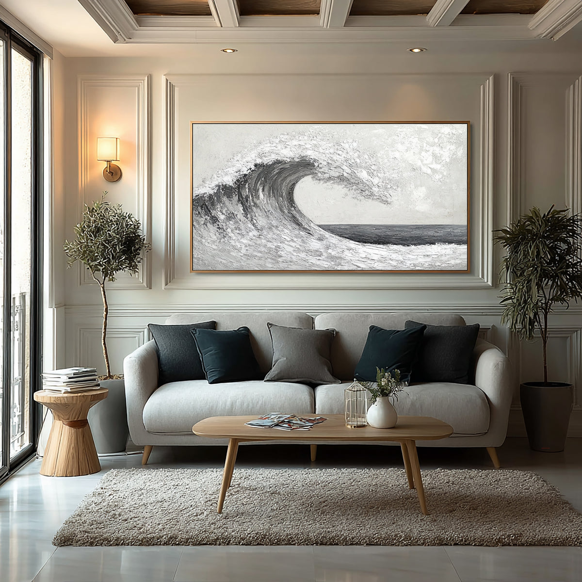 Textured Abstract Wave Monochrome Ocean Artwork Handmade Seascape Black White Gray Coastal Wall Art