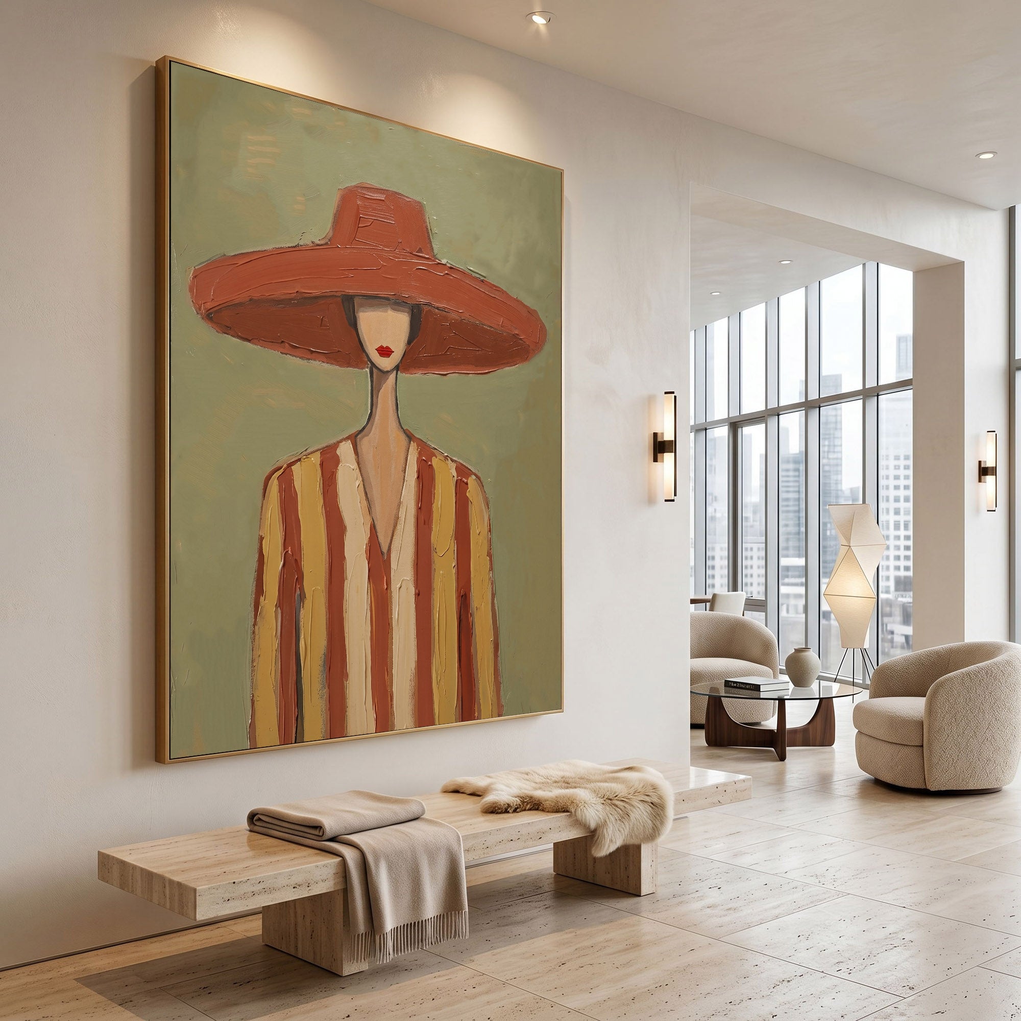 Large Vintage Americana Cowboy Woman Wall Art Western Fashion Portrait Oil Painting Rustic Contemporary Decor