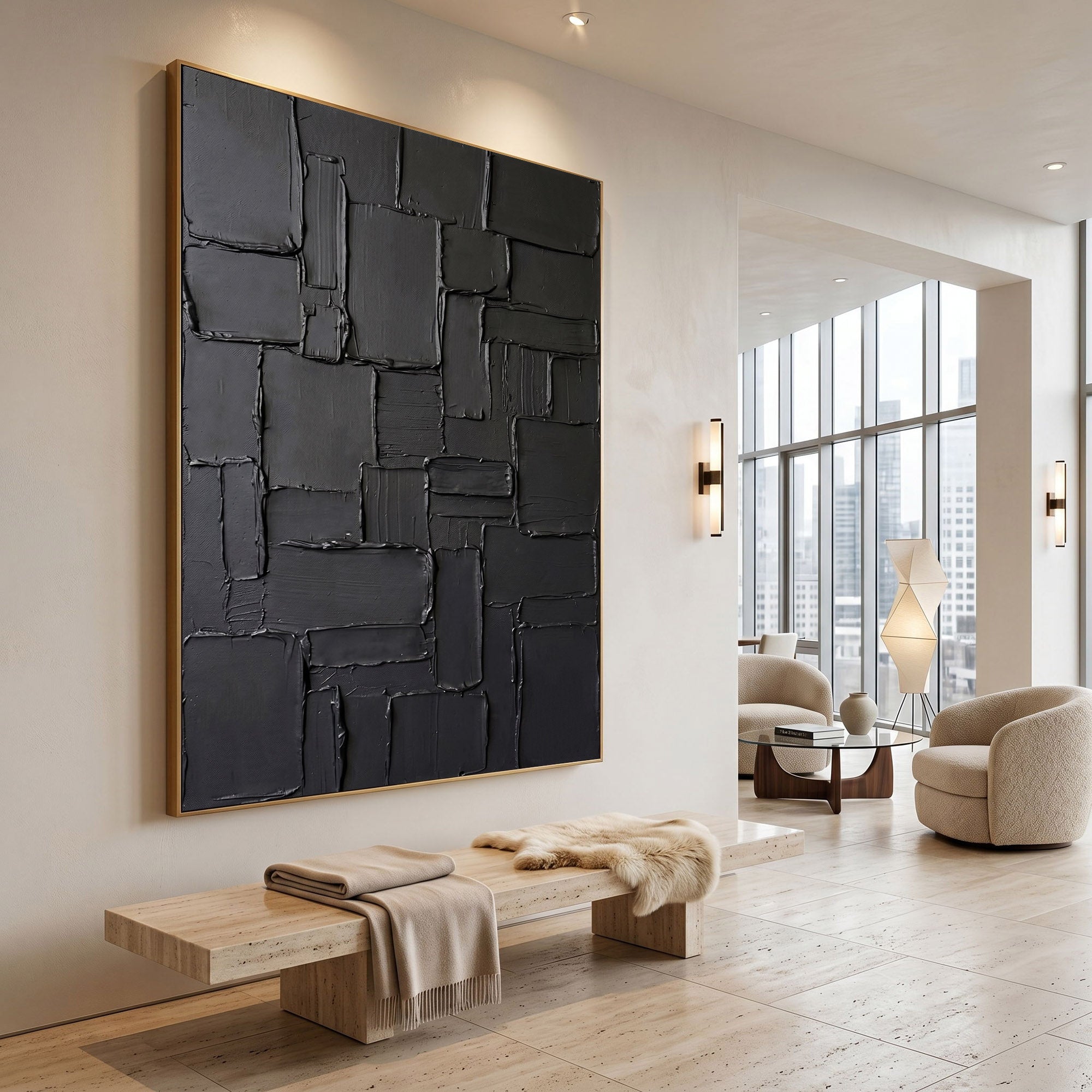 Large Black Textured Wall Art Abstract Oil Painting Modern Impasto Minimalist Contemporary Luxury Decor