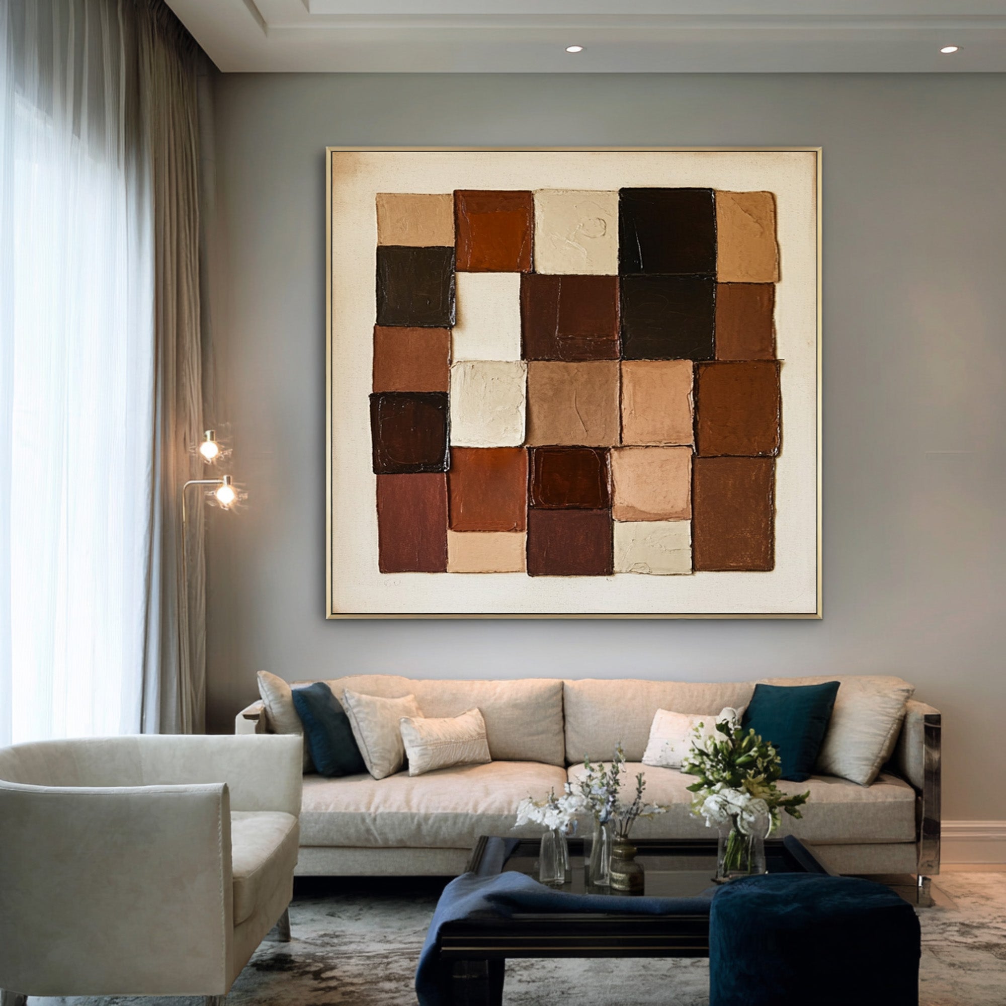 Large Abstract Oil Painting Geometric Blocks, Earth Tone Wall Art for Entryway Decor | ArtvistaGallery #WAB 010