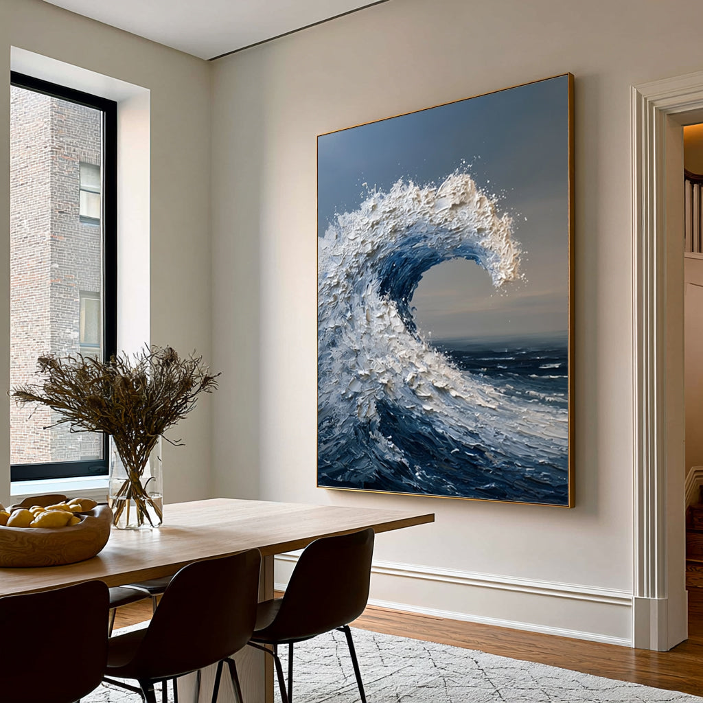 Large Ocean Wave Wall Art Textured Oil Painting Coastal Seascape Modern Abstract Sea Wave Artwork Contemporary Luxury Home Decor