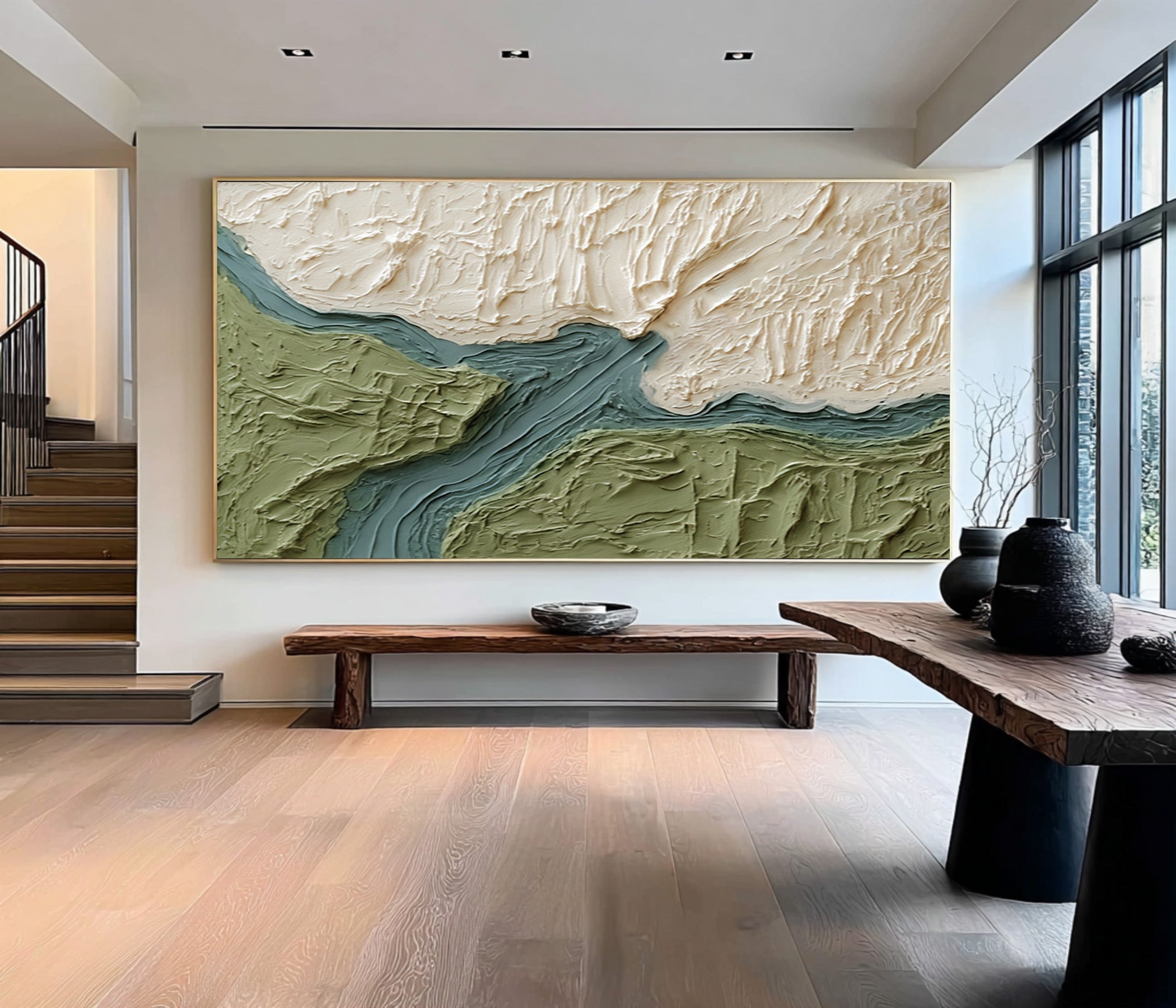 Large Abstract Oil Painting Green Landscape Art, Textured Modern Wall Art for Living Room | ArtvistaGallery #WAB 025