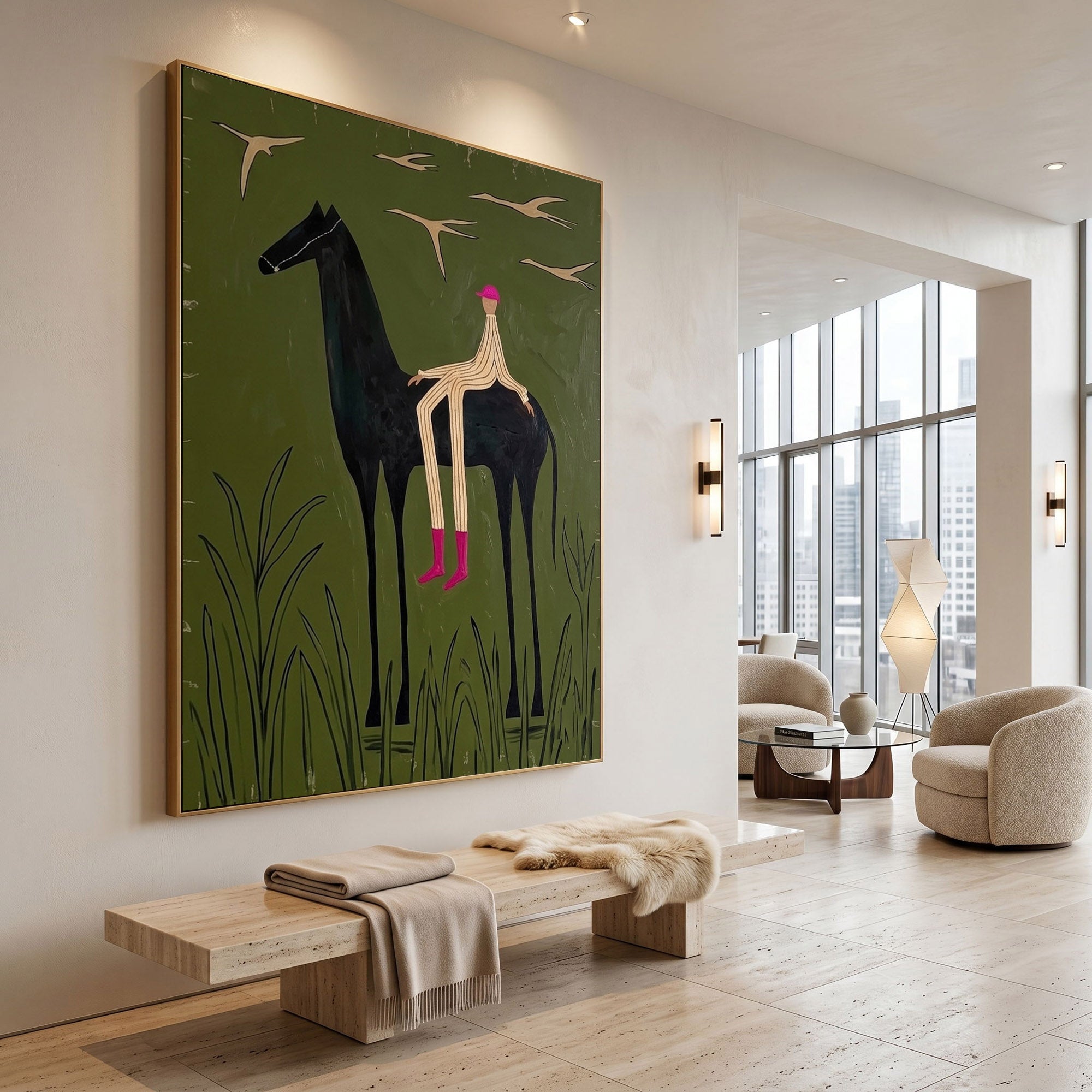 Large Cowboy Horse Wall Art Contemporary Western Green Painting