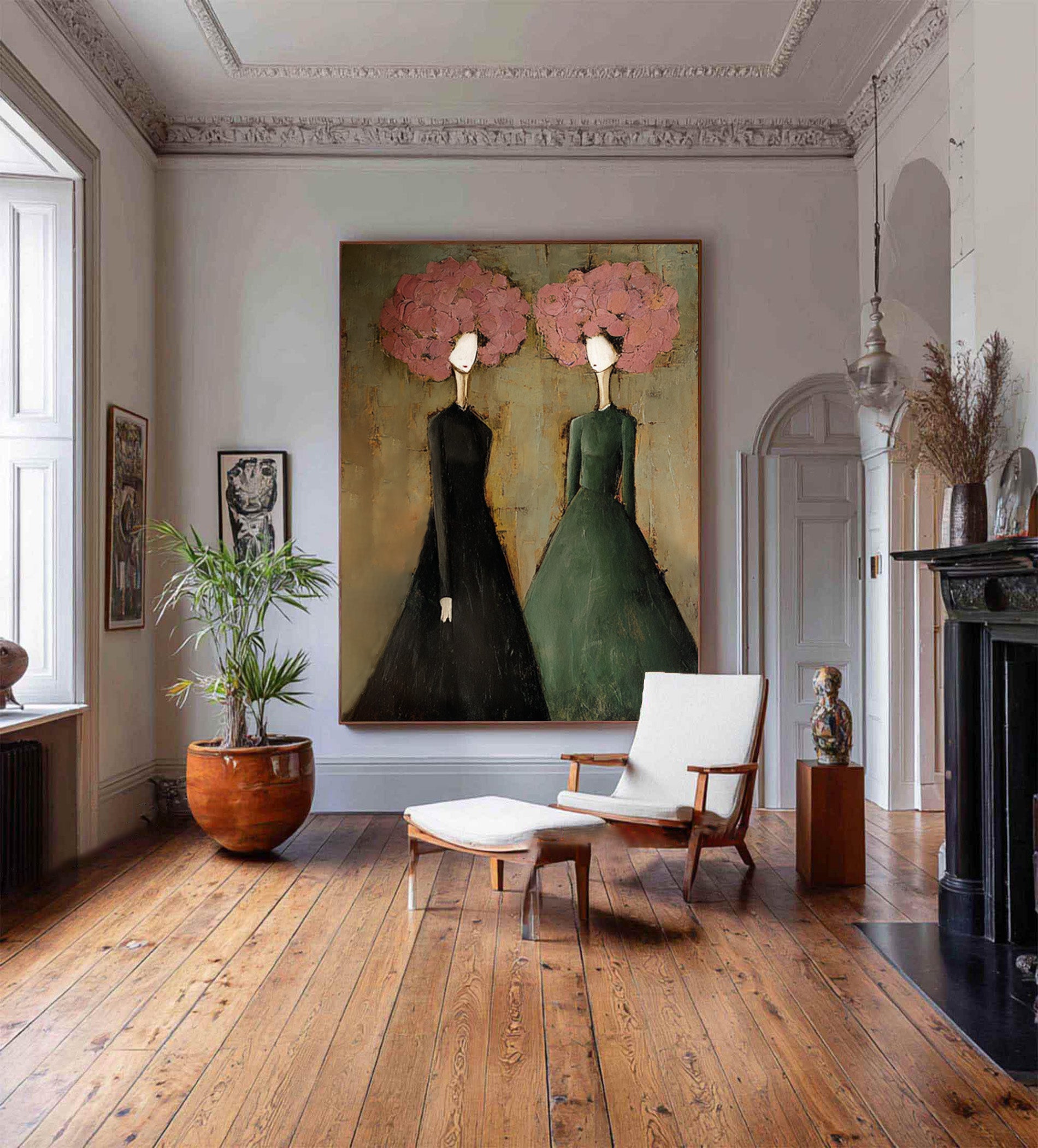 Large Modern Portrait Oil Painting on Canvas – Elegant Green Figurative Wall Art Decor #WAB 037