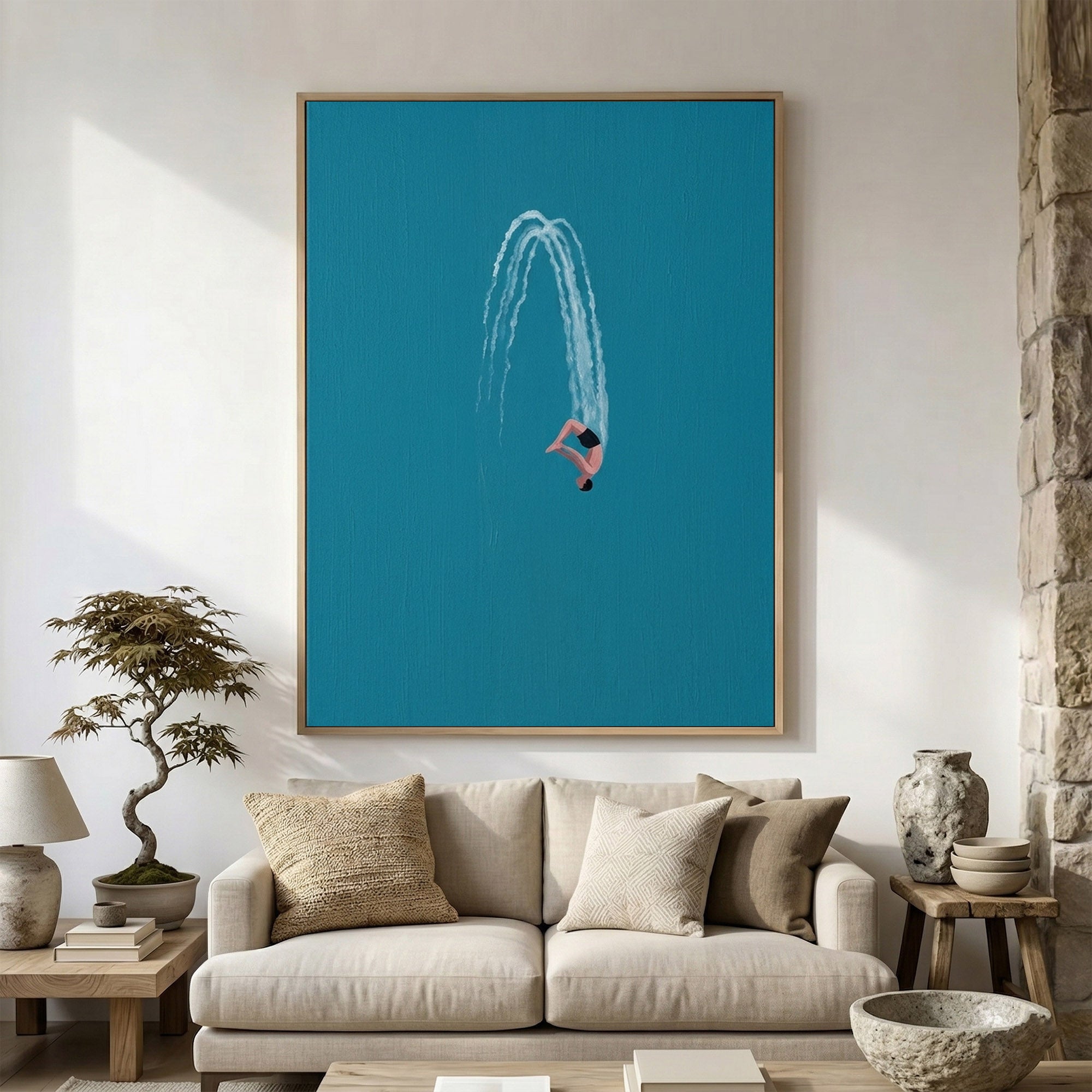 Large Minimalist Diver Wall Art Contemporary Ocean Blue Painting