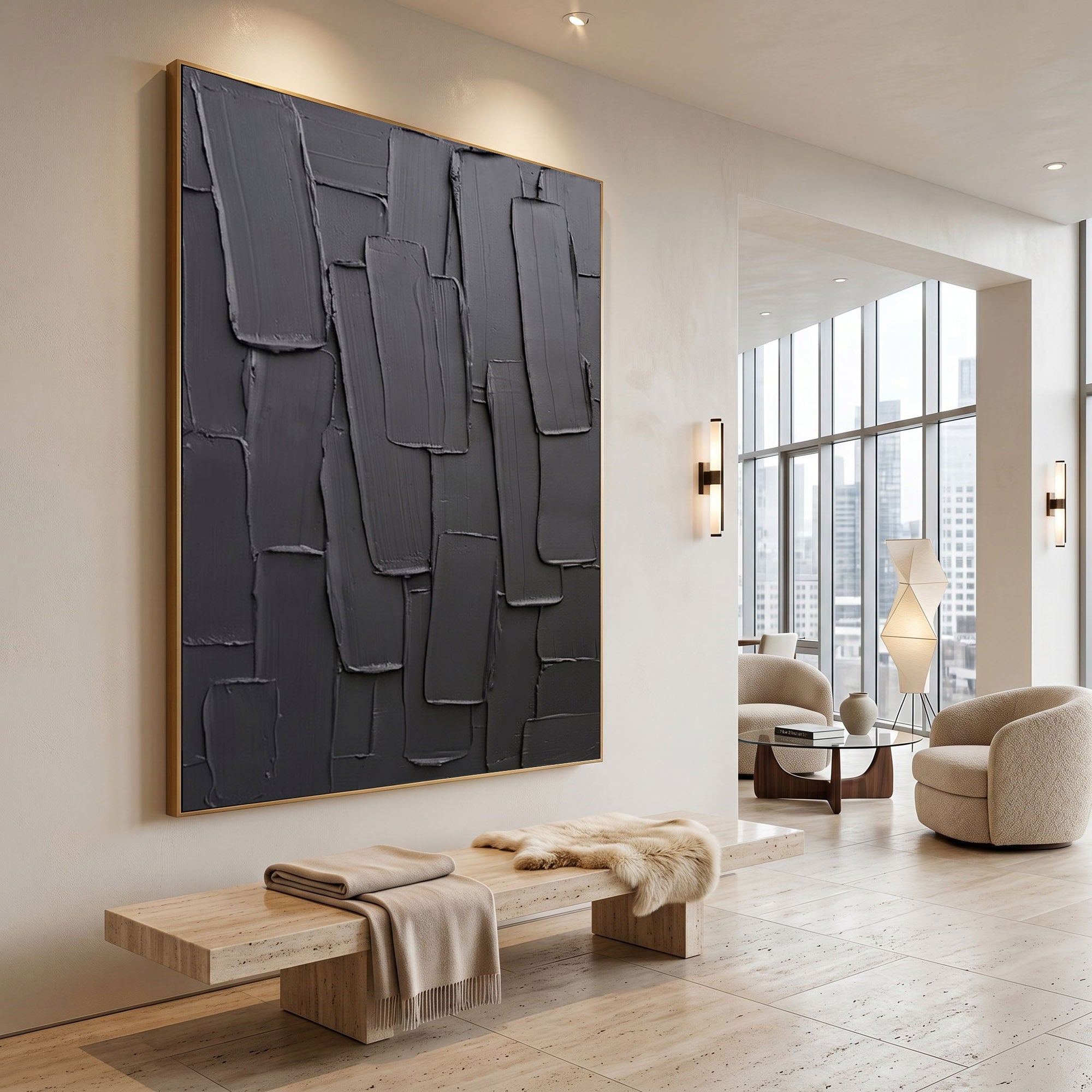 Large Black Textured Wall Art Modern Abstract Oil Painting Impasto Layered Minimalist Contemporary Decor