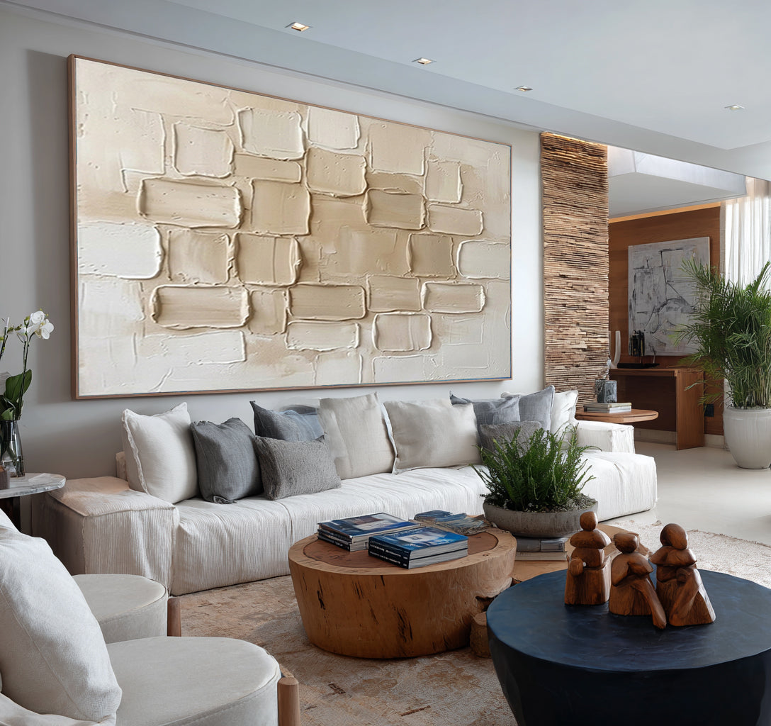 Large Neutral Brick Wall Art Horizontal Textured Abstract Canvas