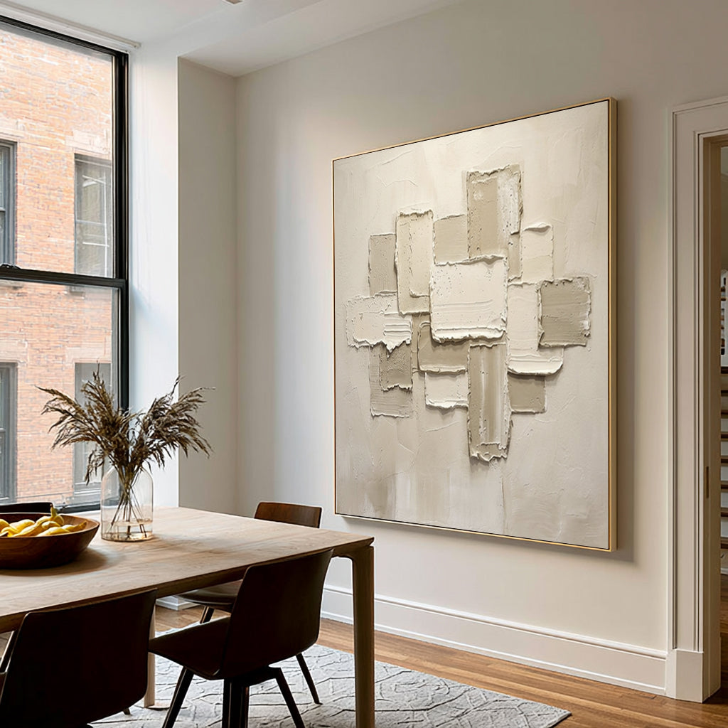 Large Minimalist White Abstract Relief Wall Art Textured Oil Painting 3D Geometric Sculptural Artwork Modern Luxury Living Room Decor