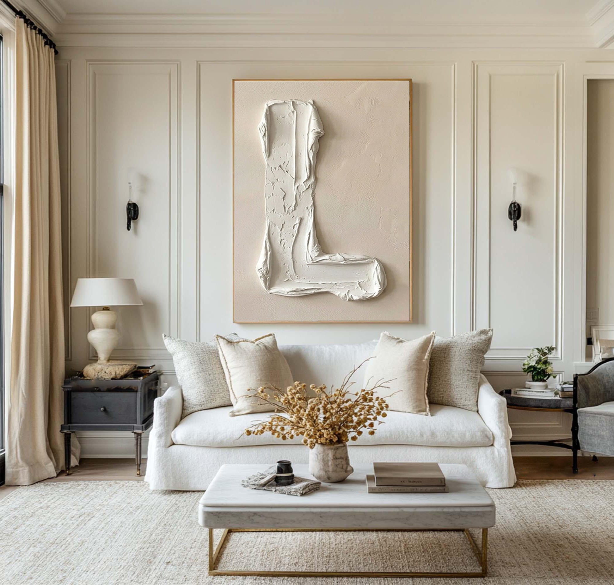 Large Minimal Letter Oil Painting – Contemporary Neutral Texture Wall Art 