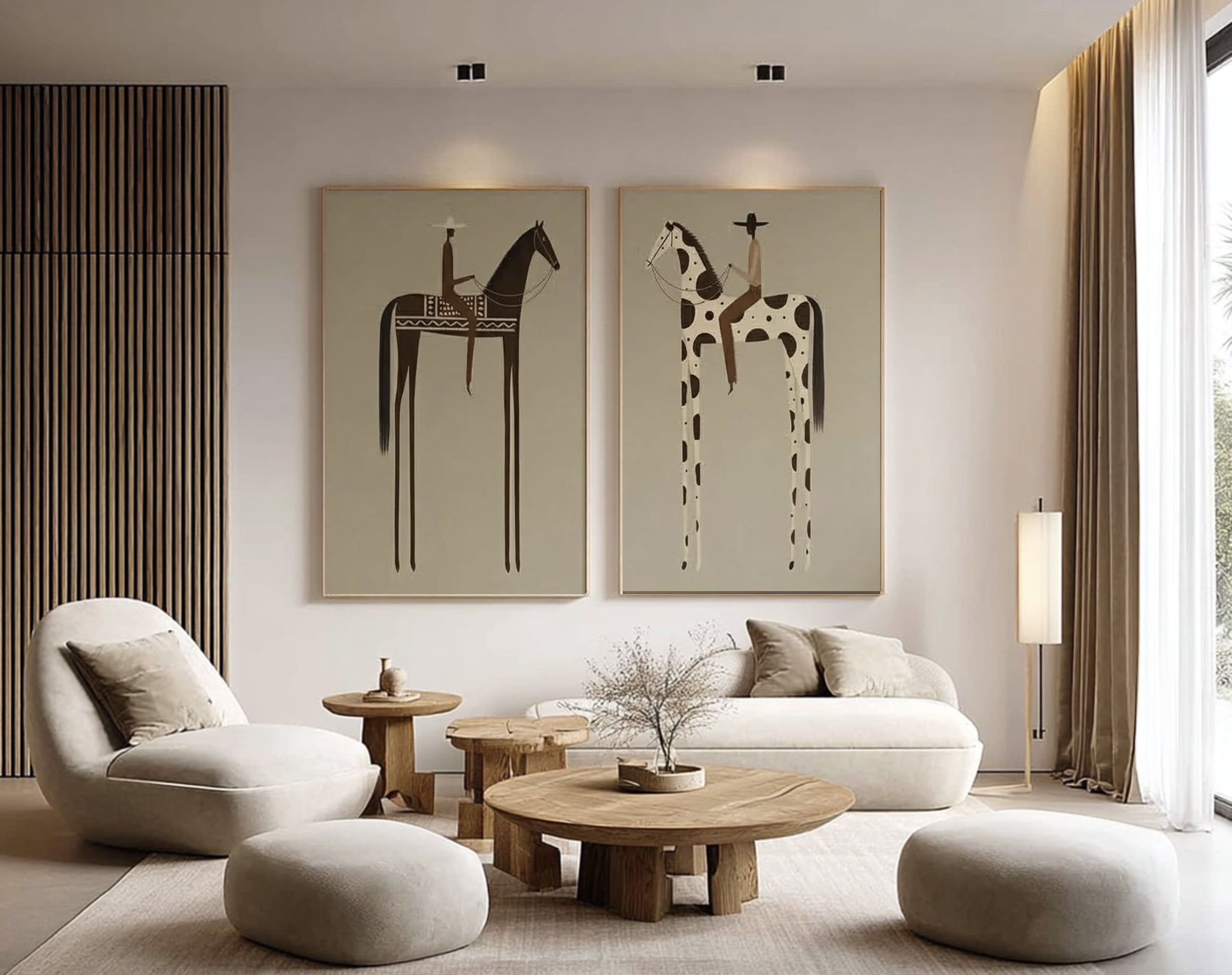 Large Minimalist Horse Rider Diptych Wall Art Contemporary Neutral Canvas Set 