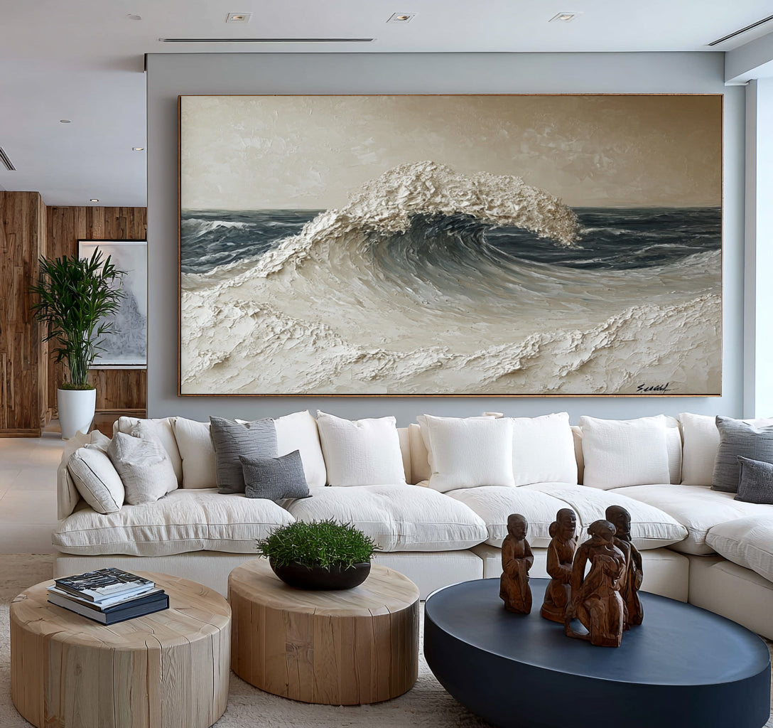 Large Powerful Ocean Wave Wall Art Textured Seascape Oil Painting Dramatic Coastal Artwork Modern Interior Decor